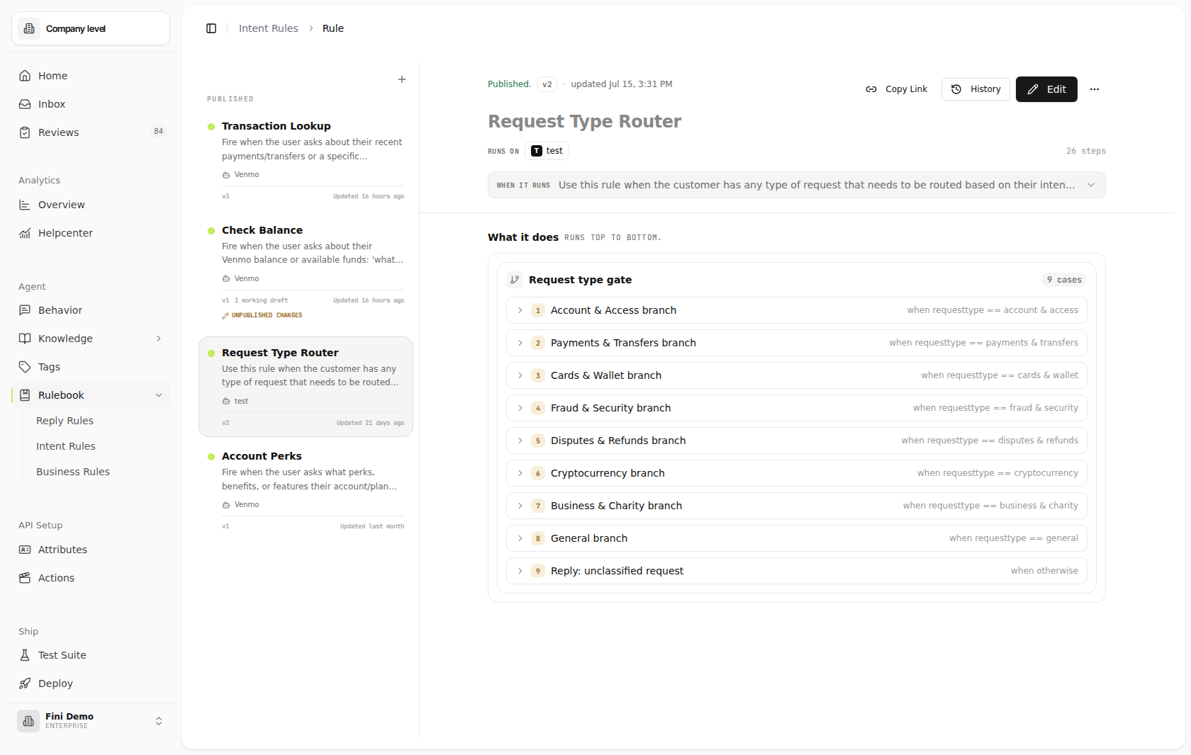 Selected Intent Rule in the Fini Demo workspace showing the Request Type Router rule details, assigned bots, and behavior tree editor pane.