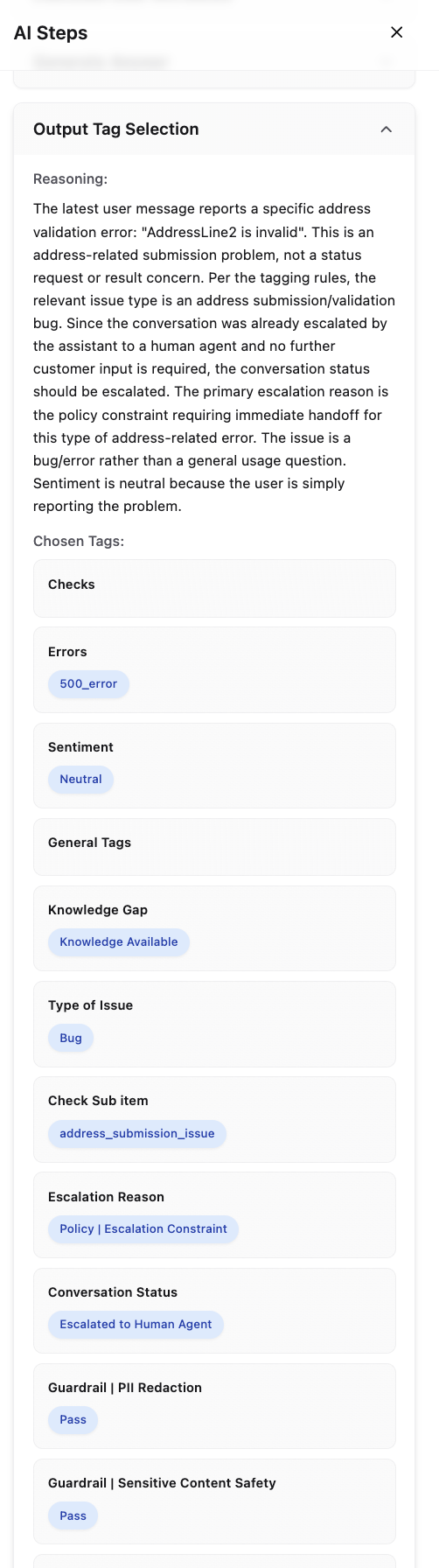 AI Steps panel for a conversation showing the Output Tag Selection section. The Reasoning text explains the model's tagging choice in natural language. Below it, Chosen Tags lists each active group (Checks, Errors, Sentiment, Knowledge Gap, Type of Issue, Check Sub item, Escalation Reason, Conversation Status) with the specific tag value applied to this conversation.