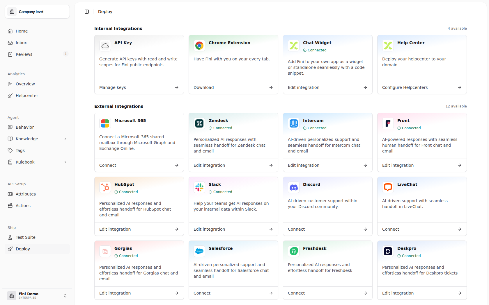 Deploy page in the Fini Demo workspace split into Internal Integrations and External Integrations, with cards for API Key, Chrome Extension, Chat Widget, Help Center, Zendesk, Intercom, Front, HubSpot, Slack, Discord, LiveChat, Gorgias, Salesforce, Freshdesk, and Deskpro