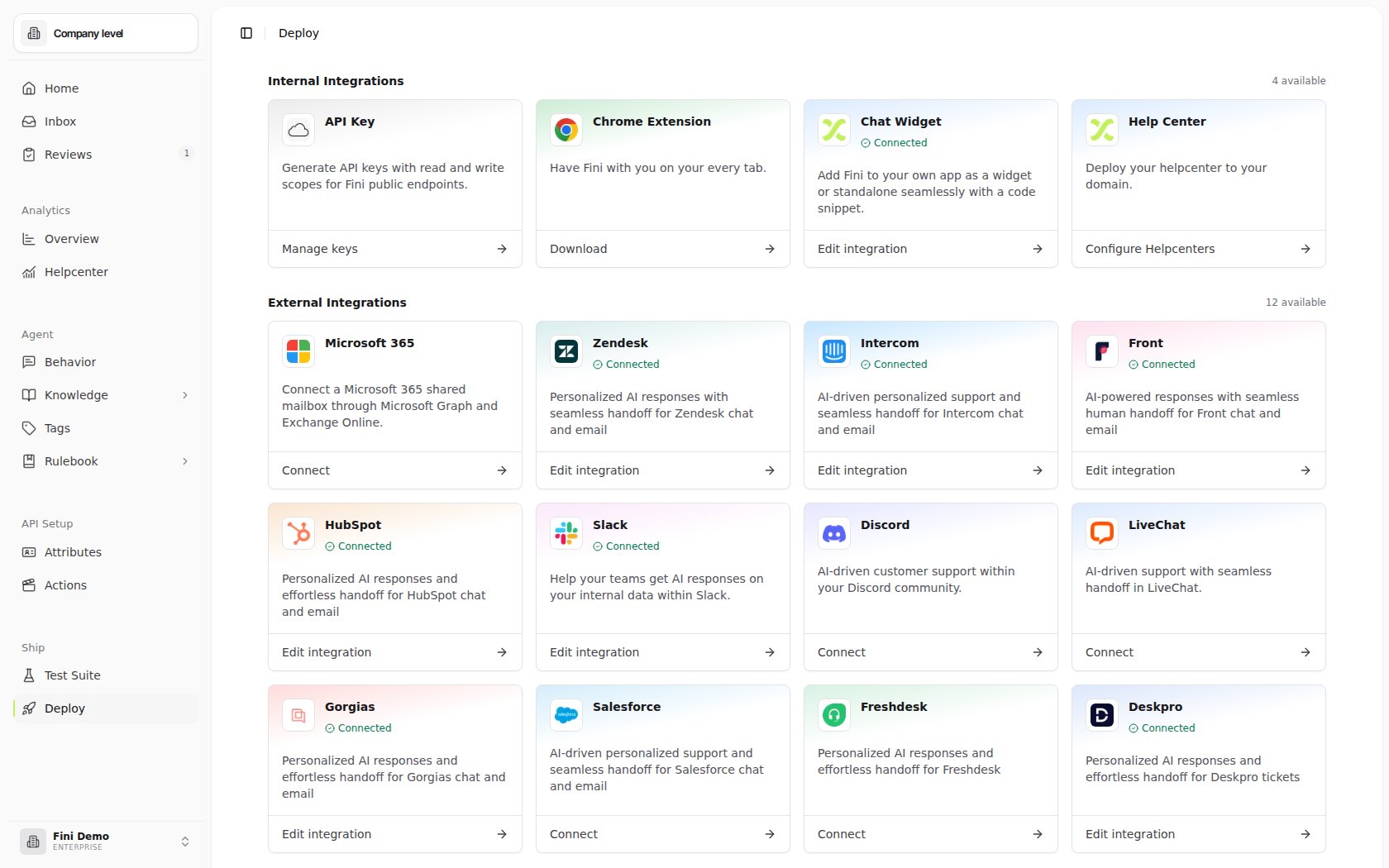 Deploy page in the Fini Demo workspace split into Internal Integrations and External Integrations, with cards for API Key, Chrome Extension, Chat Widget, Help Center, Zendesk, Intercom, Front, HubSpot, Slack, Discord, LiveChat, Gorgias, Salesforce, Freshdesk, and Deskpro