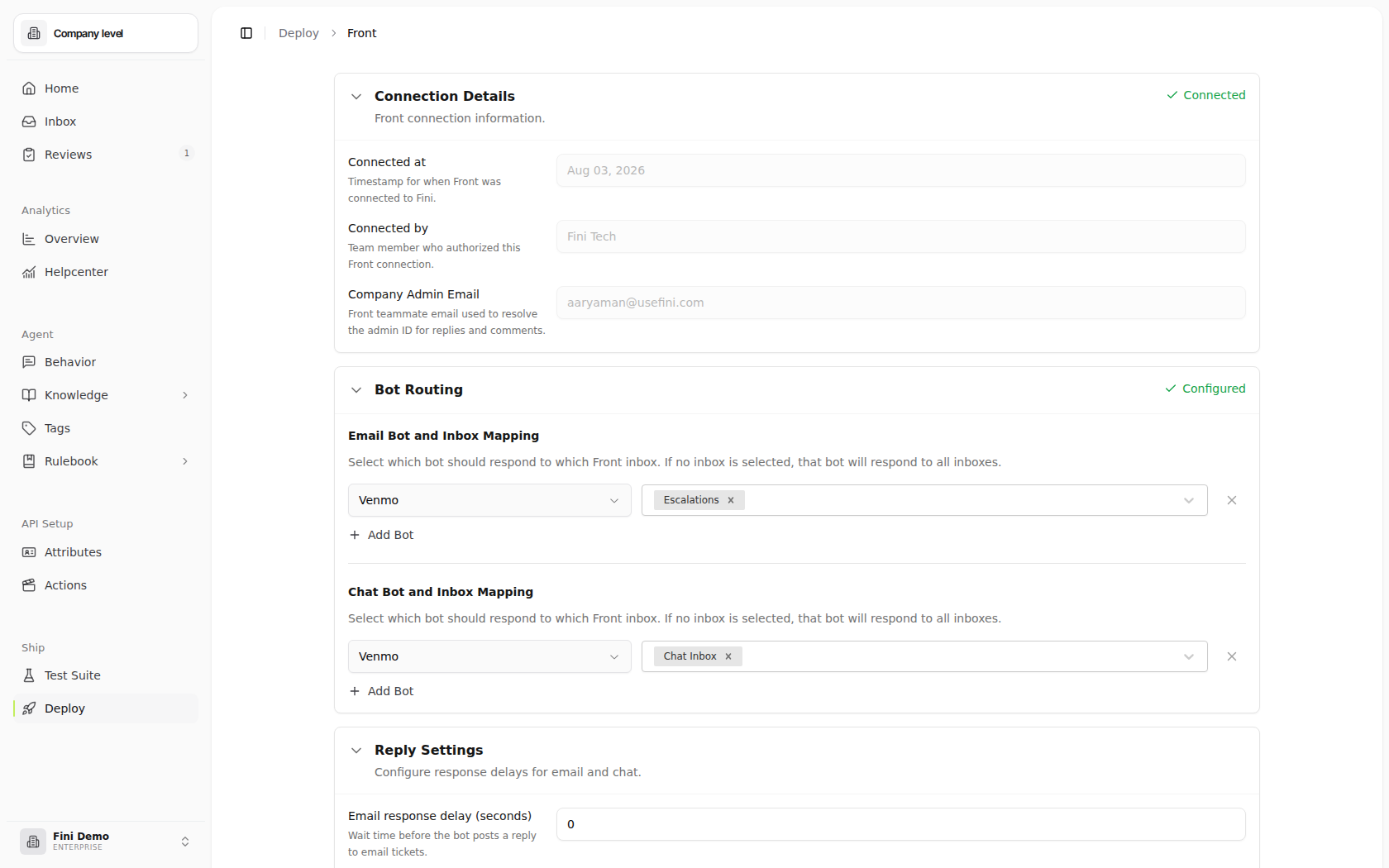 Front deploy page after connecting, showing all configuration sections