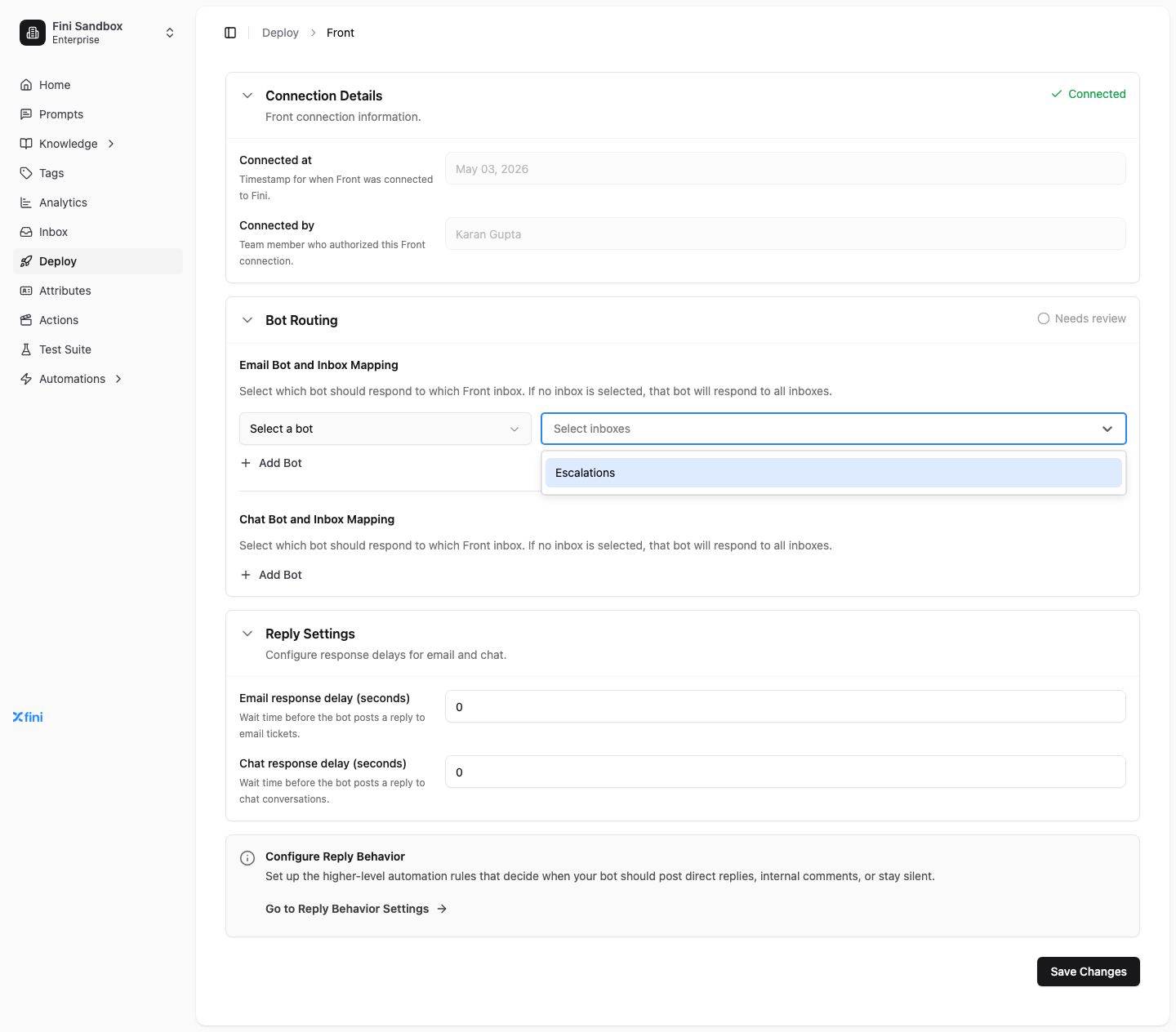 Inbox selection dropdown showing the available Front inboxes