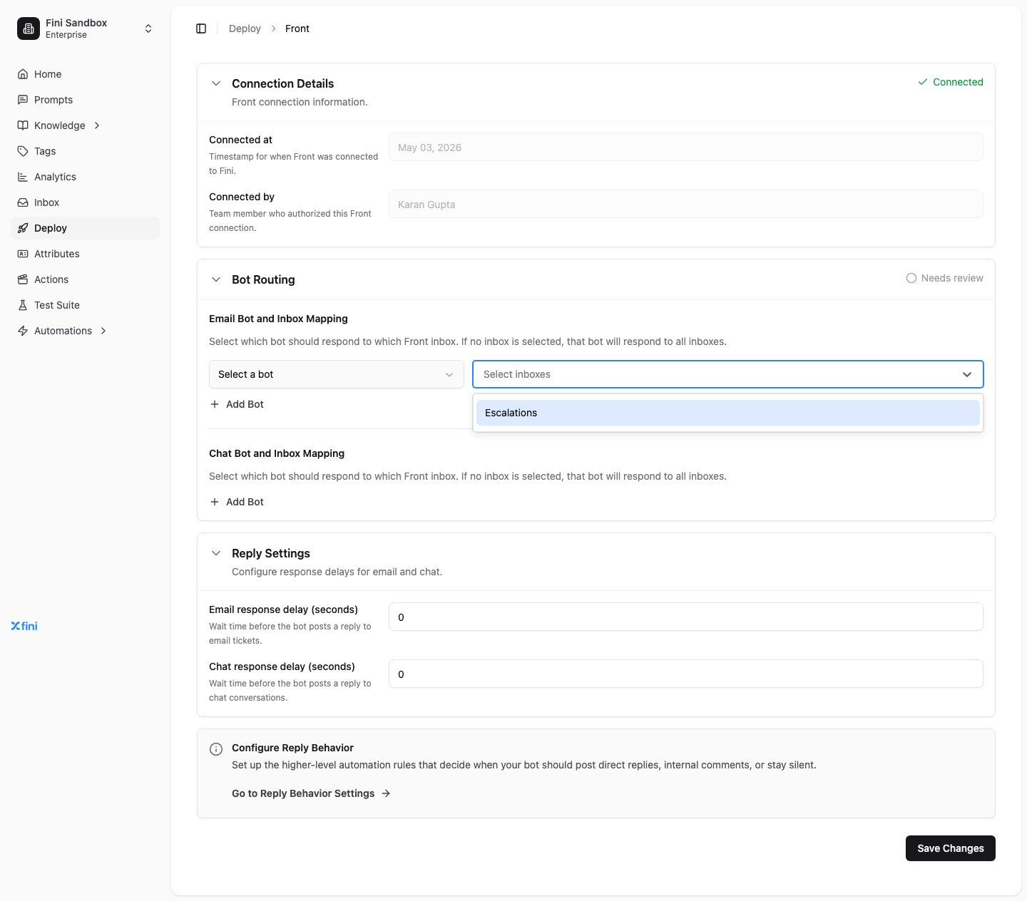 Inbox selection dropdown showing the available Front inboxes