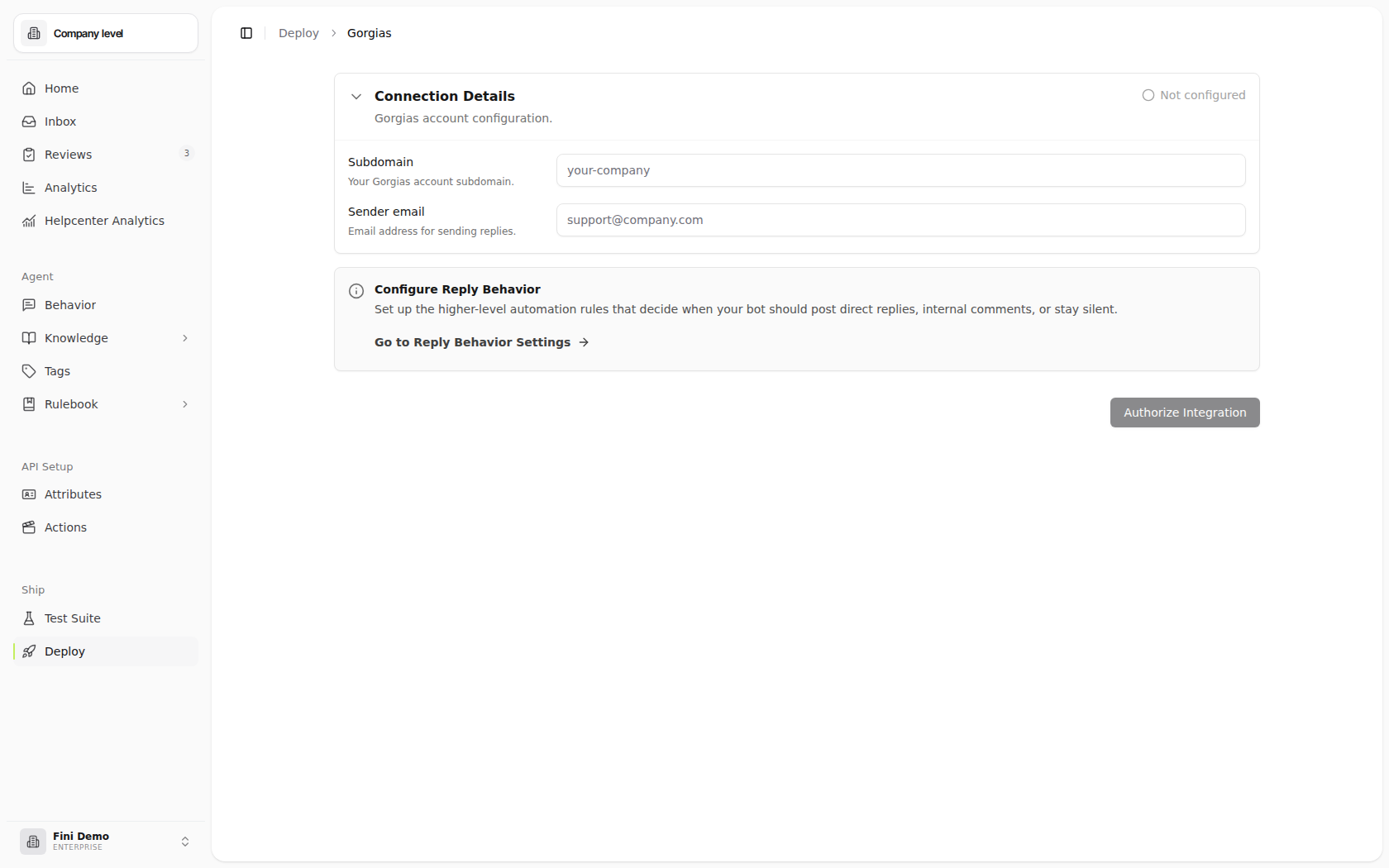 Gorgias deploy page before connecting, showing the subdomain and sender email form