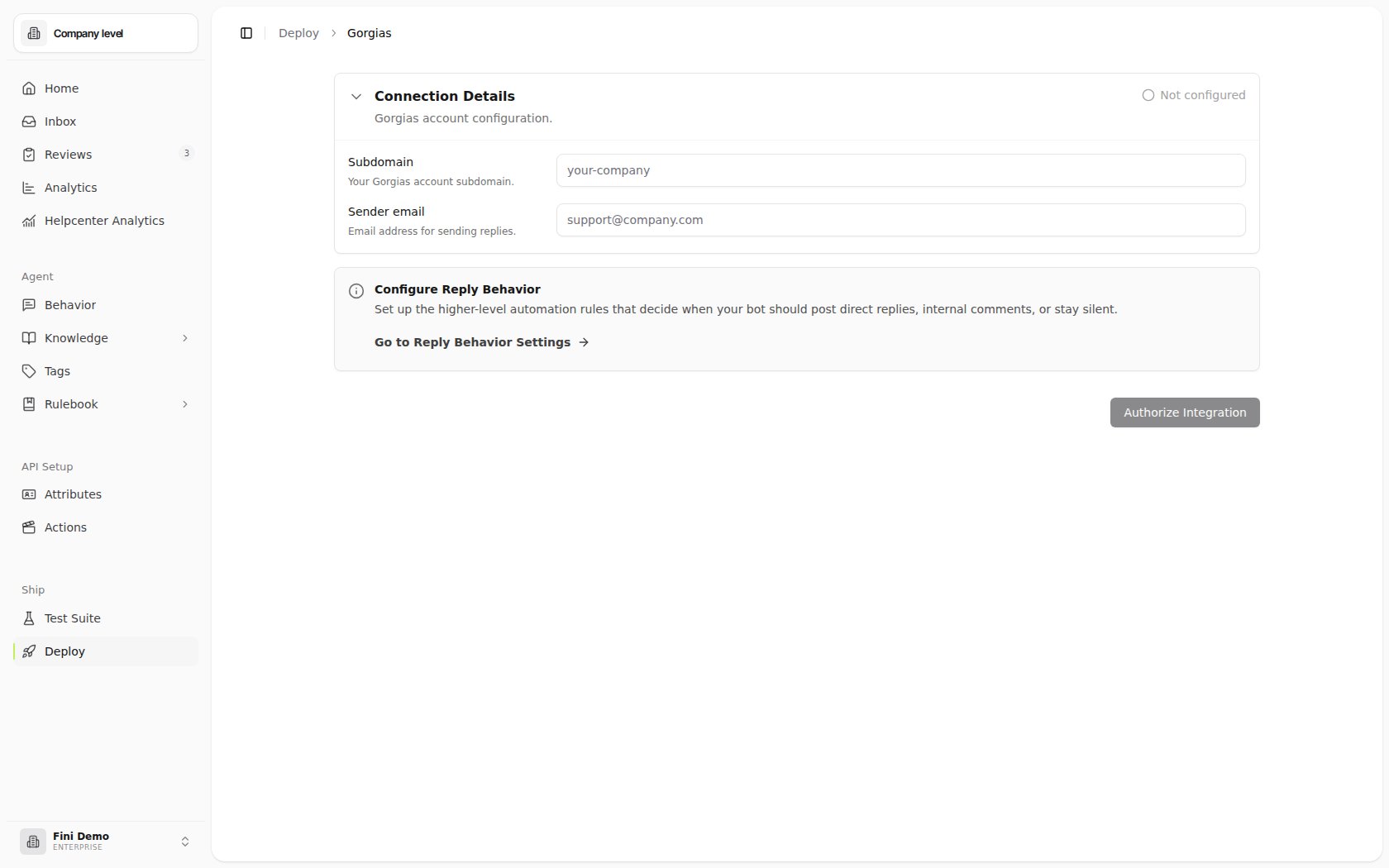 Gorgias deploy page before connecting, showing the subdomain and sender email form