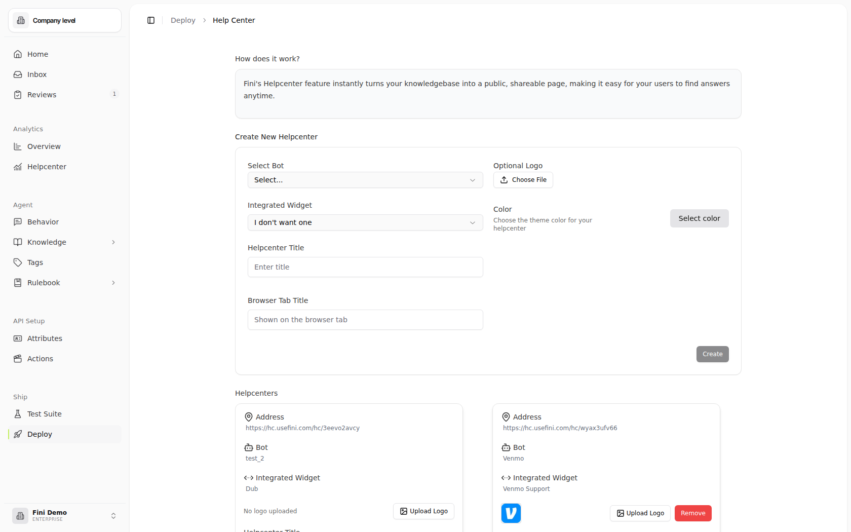 Create New Helpcenter form with fields for Select Bot, Integrated Widget, Helpcenter Title, Browser Tab Title, Optional Logo, and Color