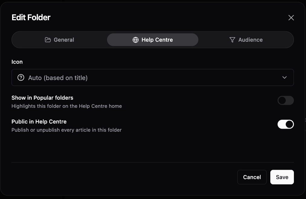 Edit Folder dialog on the Help Centre tab with the Icon dropdown set to Auto (based on title) and toggles for Show in Popular folders and Public in Help Centre