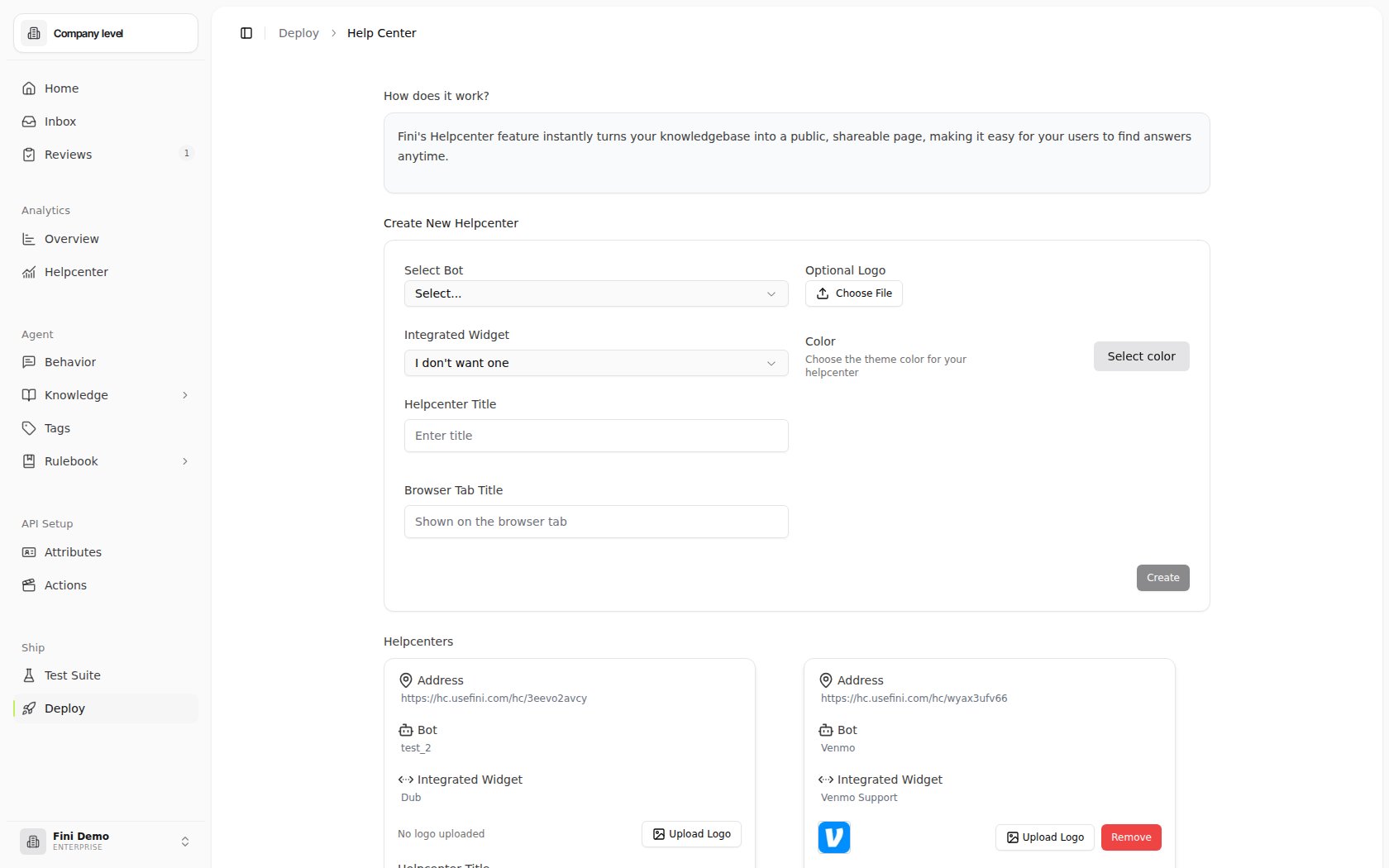 Existing help center card showing the hosted address, the bot it's attached to, the integrated widget setting, and editable fields for logo, title, browser tab title, and color