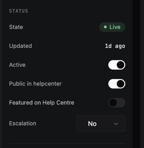 Article status sidebar with the Live state and toggles for Active, Public in helpcenter, and Featured on Help Centre
