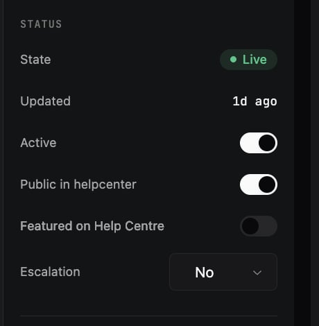 Article status sidebar with the Live state and toggles for Active, Public in helpcenter, and Featured on Help Centre
