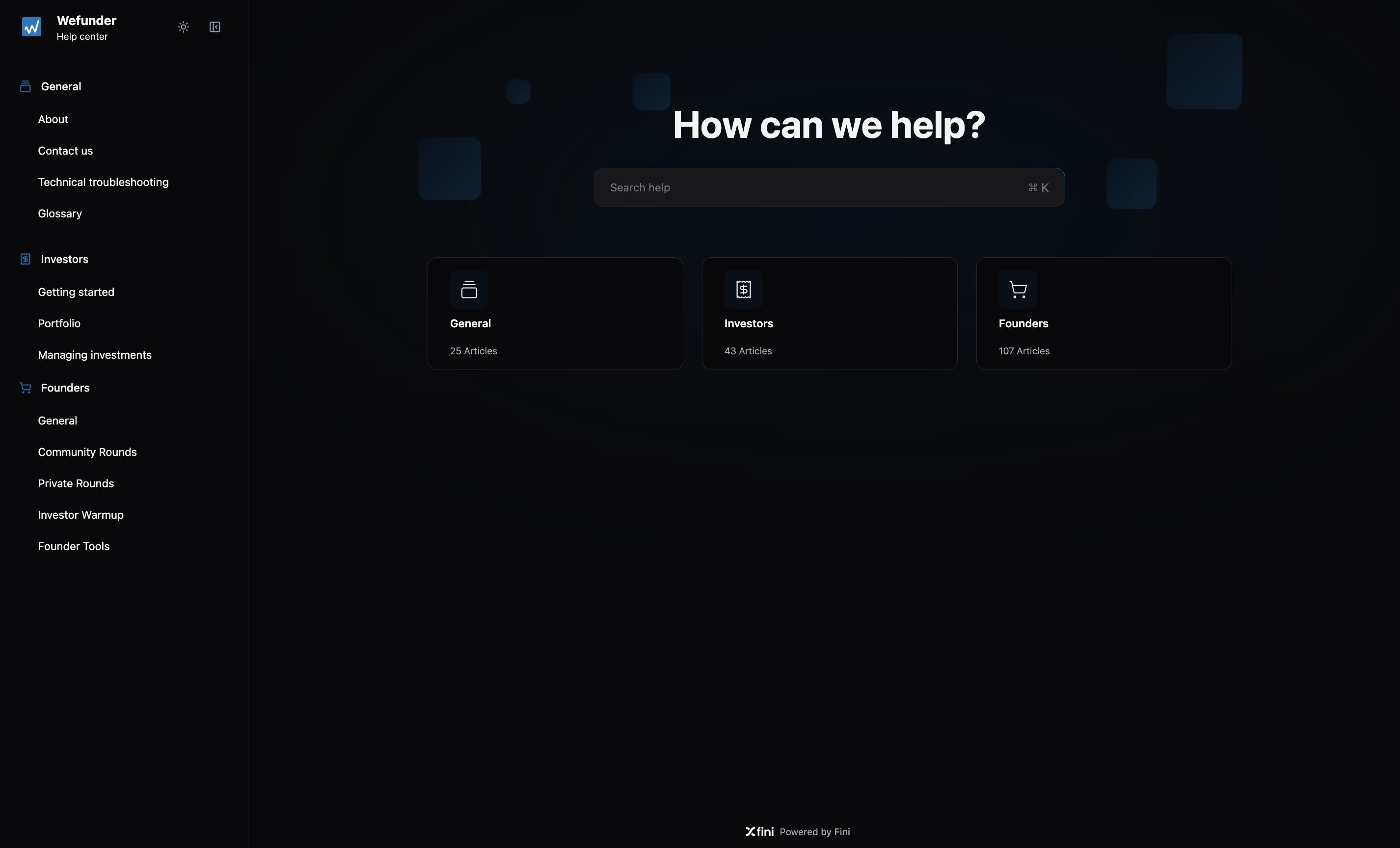 Fini help center showing the left-hand folder navigation, the "How can we help?" heading, the AI search bar, and category cards with article counts