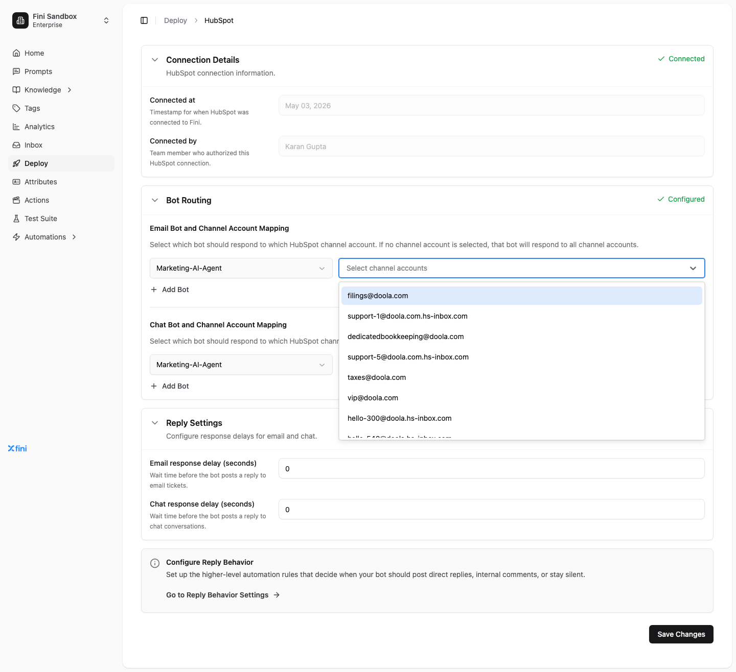 HubSpot Agent Routing showing the channel-account selector dropdown listing every HubSpot inbox channel account available