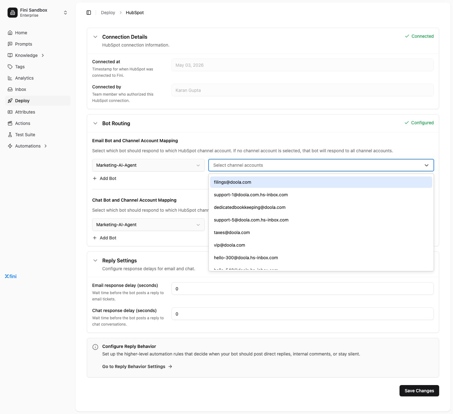 HubSpot Agent Routing showing the channel-account selector dropdown listing every HubSpot inbox channel account available