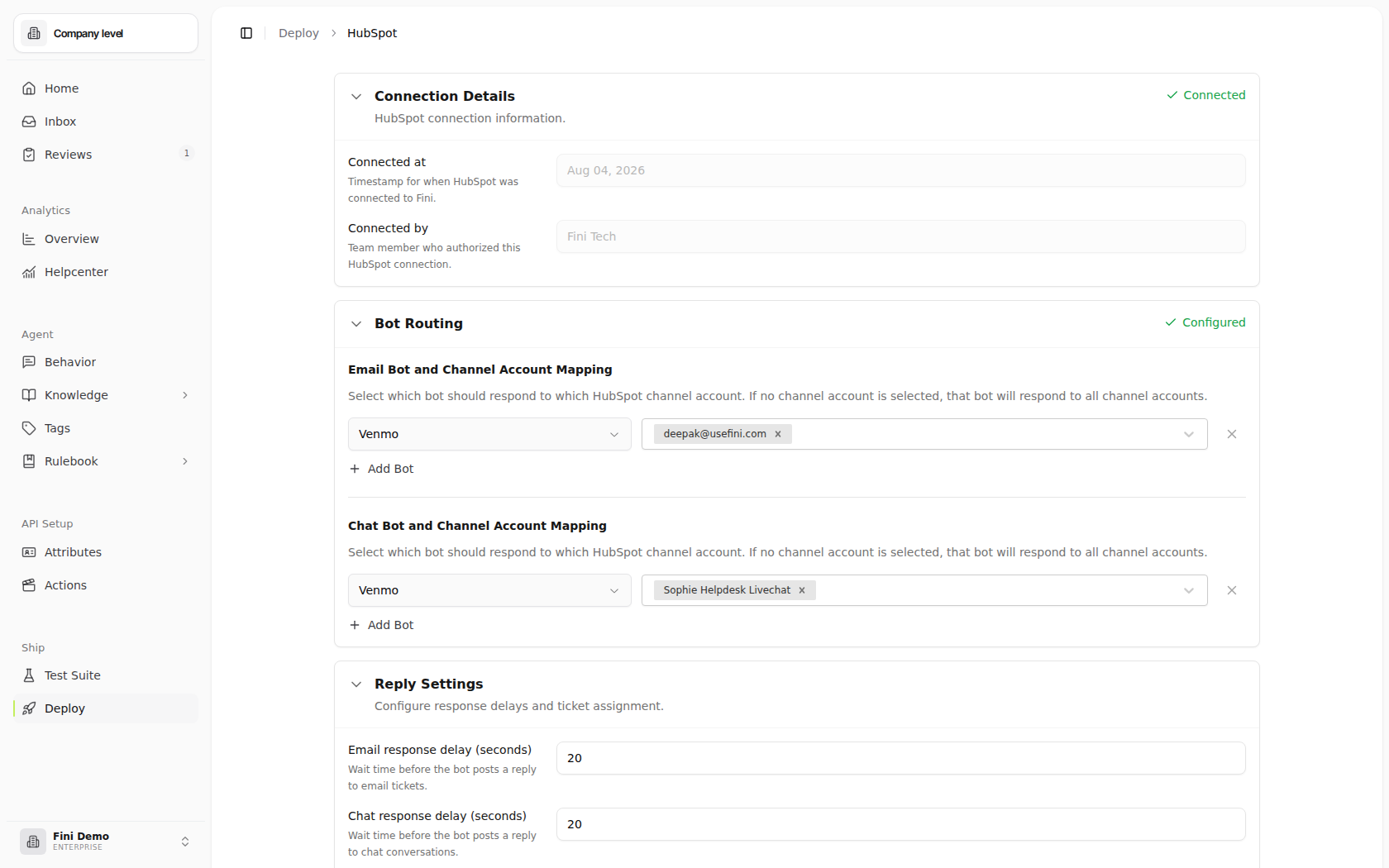HubSpot deploy page after connecting, showing agent routing and reply settings