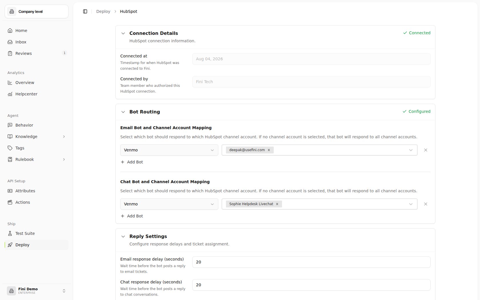 HubSpot deploy page after connecting, showing agent routing and reply settings