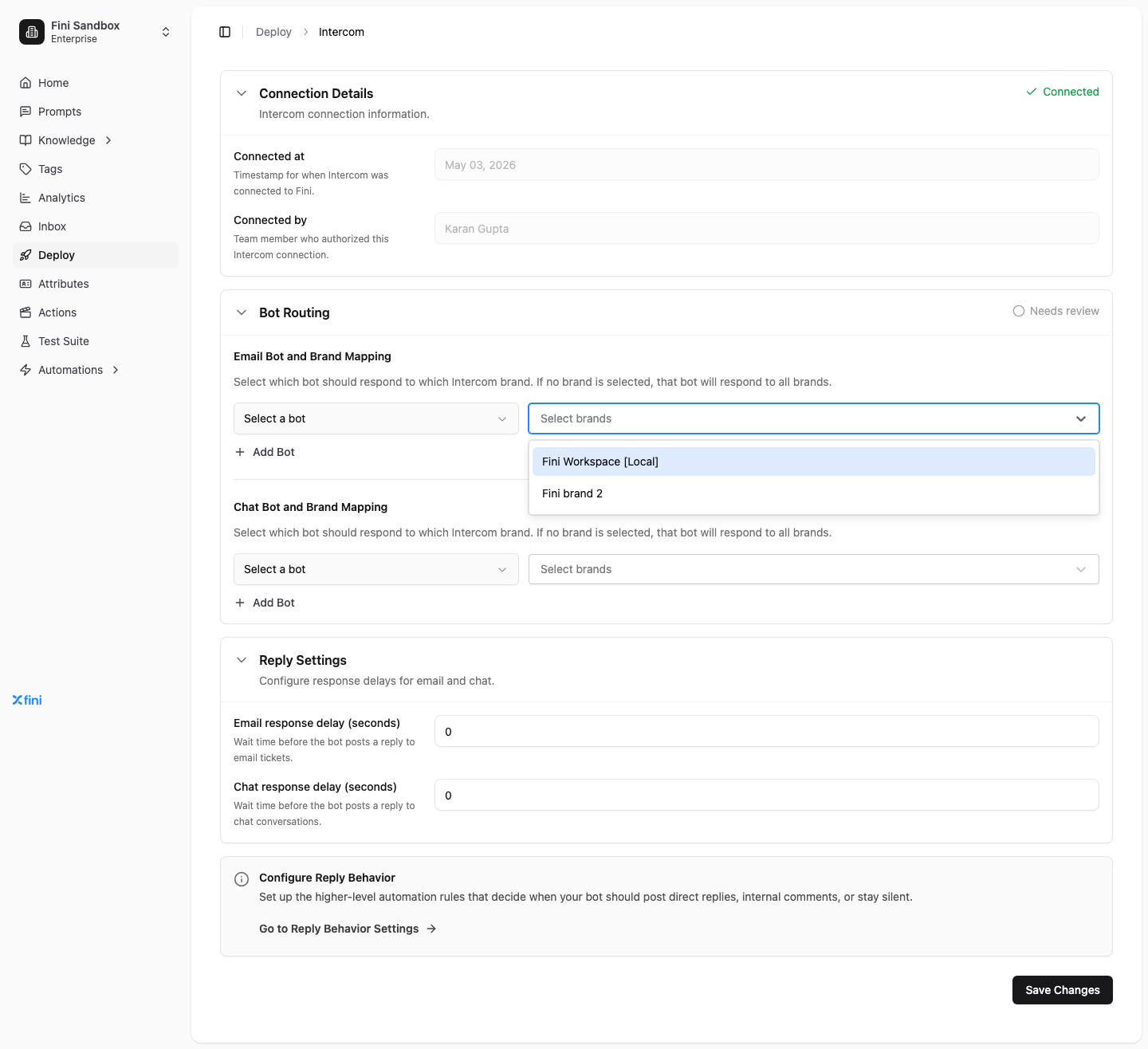 Brand selection dropdown showing the available Intercom brands