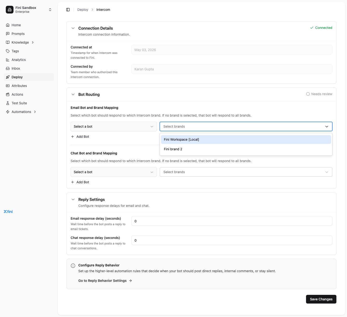 Brand selection dropdown showing the available Intercom brands
