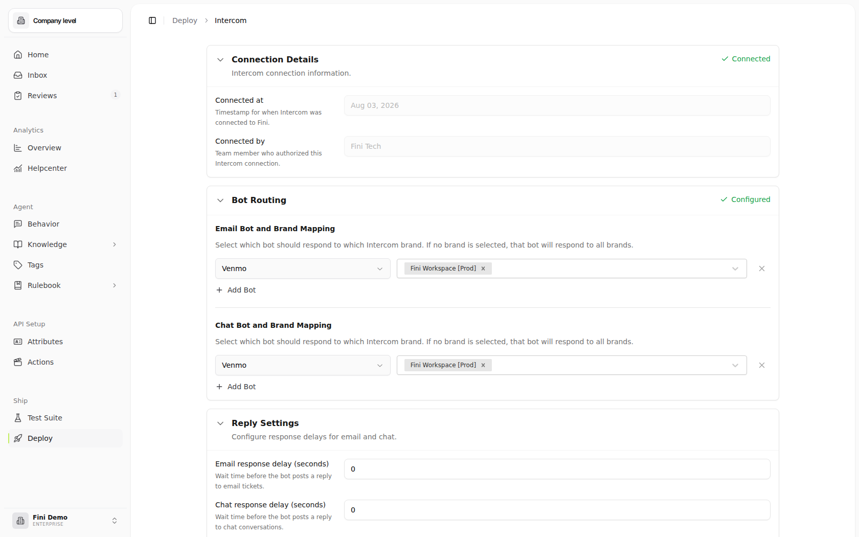 Intercom deploy page after connecting, showing all configuration sections
