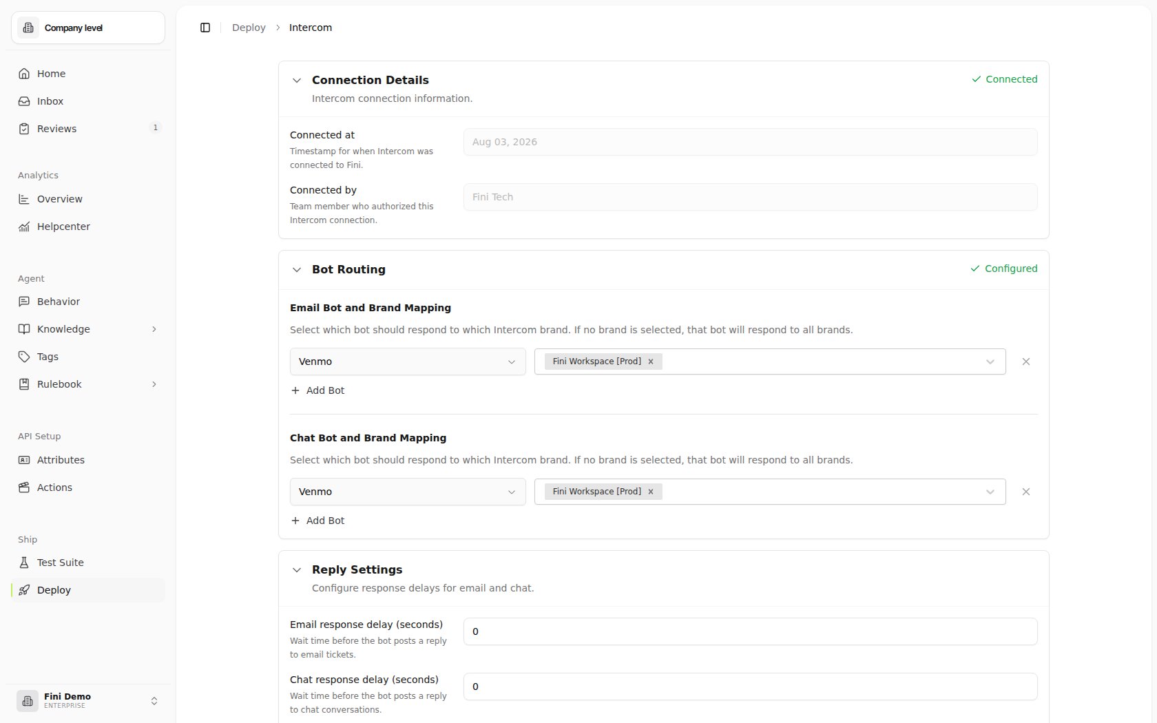 Intercom deploy page after connecting, showing all configuration sections