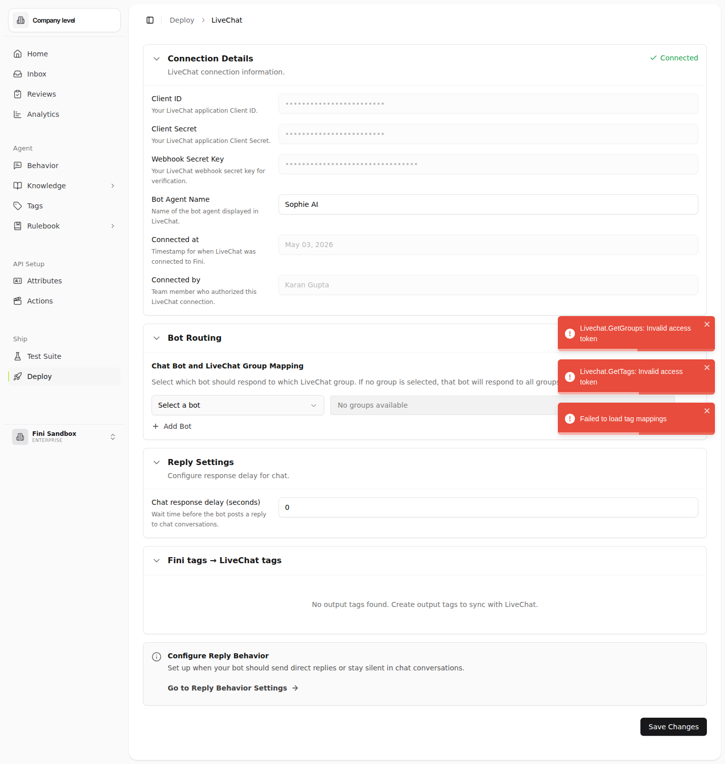 LiveChat deploy page after connecting, showing the configuration sections
