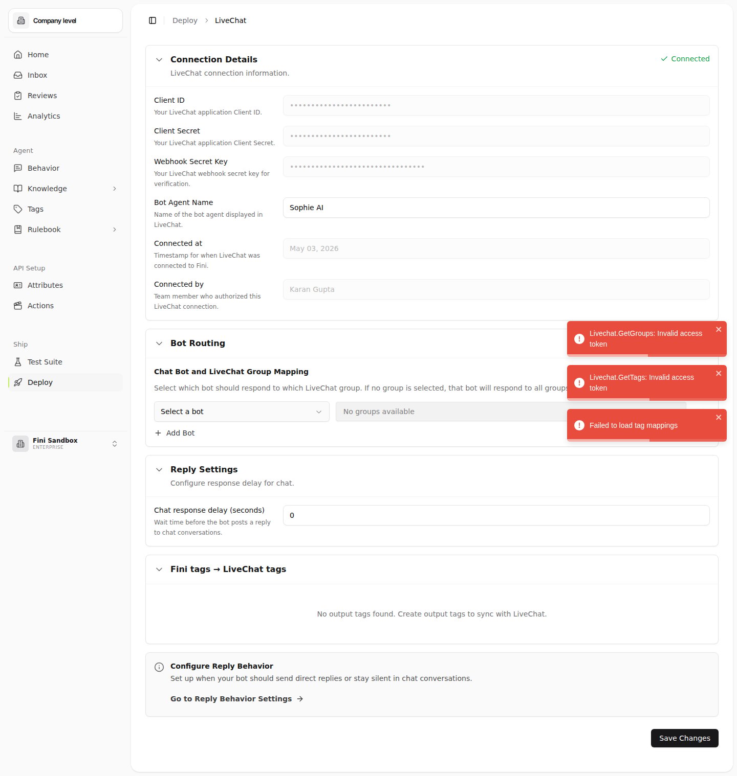 LiveChat deploy page after connecting, showing the configuration sections