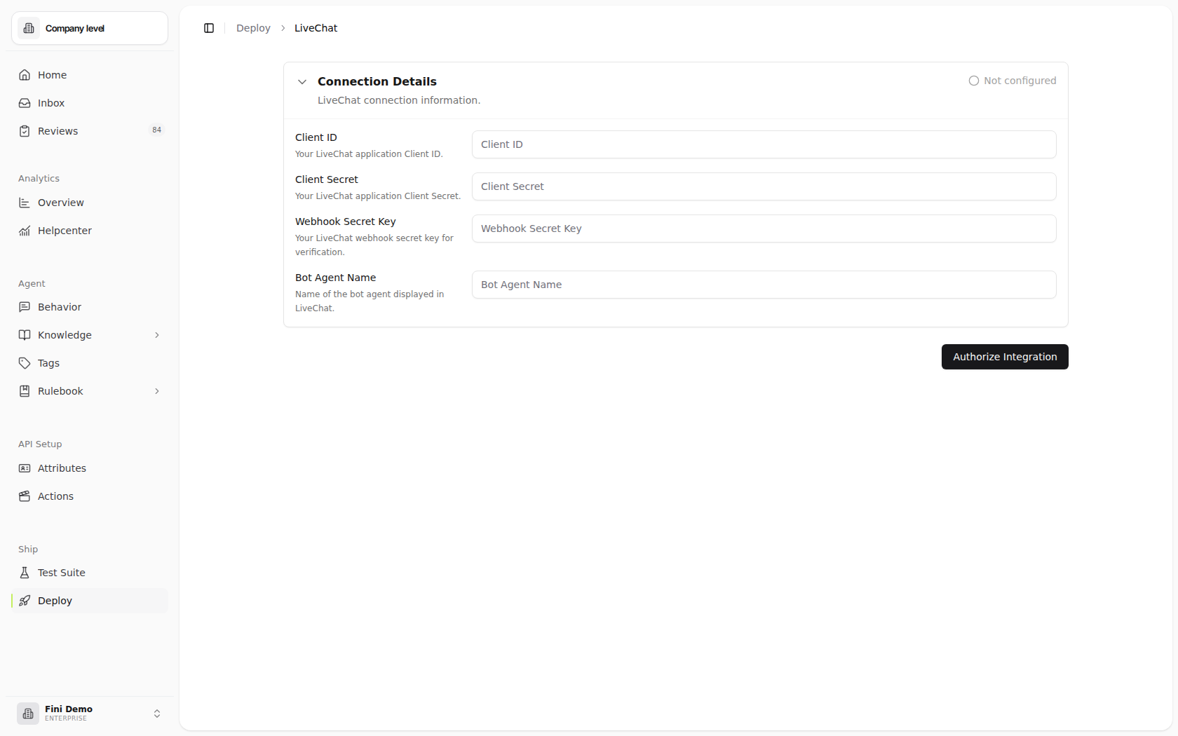 LiveChat deploy page before connecting, showing Client ID, Client Secret, Webhook Secret Key, Bot Agent Name, and Authorize Integration