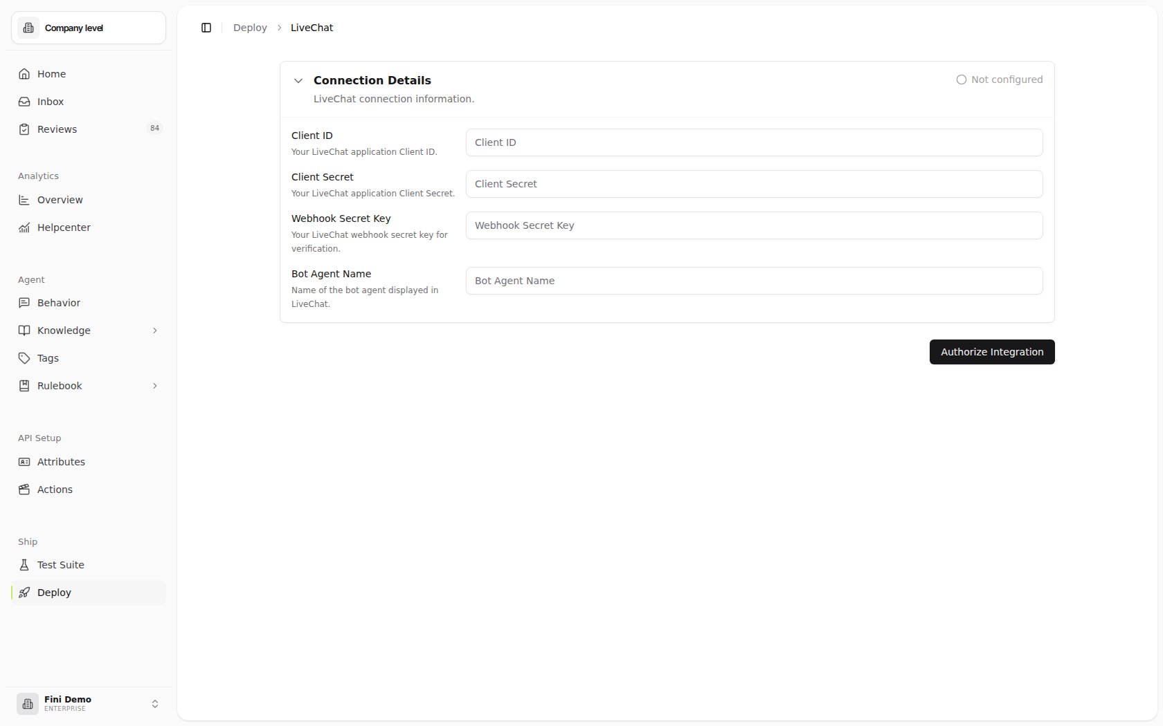 LiveChat deploy page before connecting, showing Client ID, Client Secret, Webhook Secret Key, Bot Agent Name, and Authorize Integration