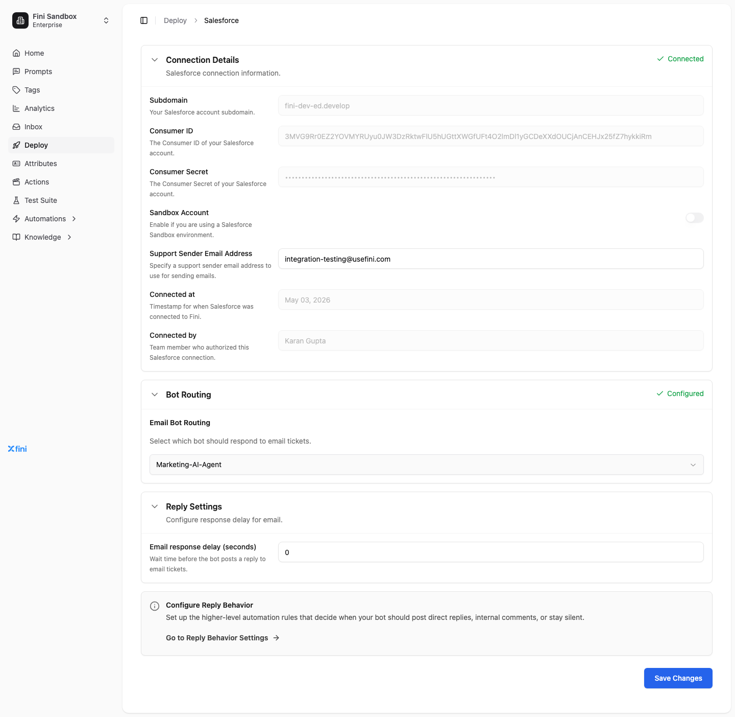 Salesforce deploy page after connecting, showing all sections