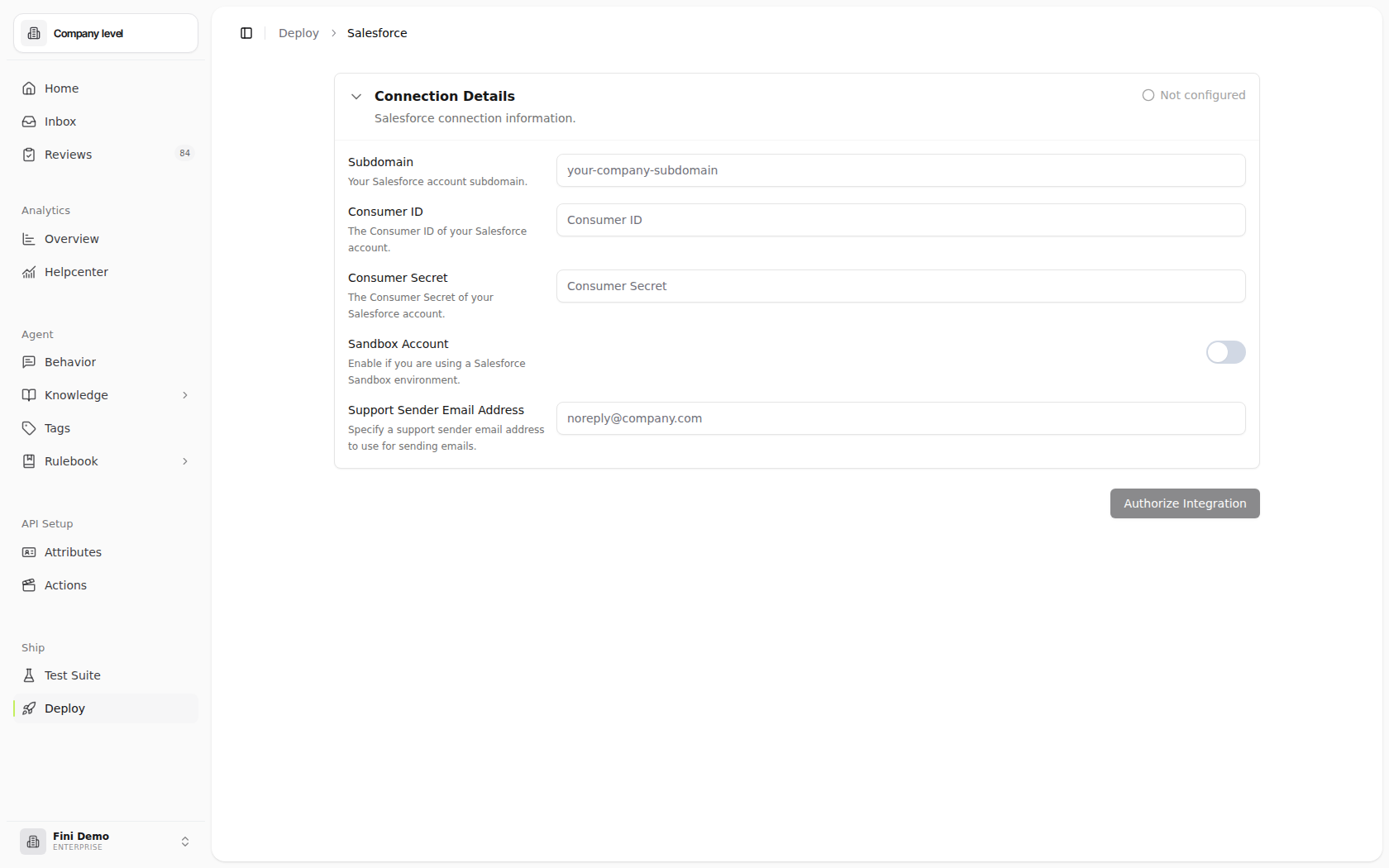 Salesforce deploy page before connecting, showing the credential form