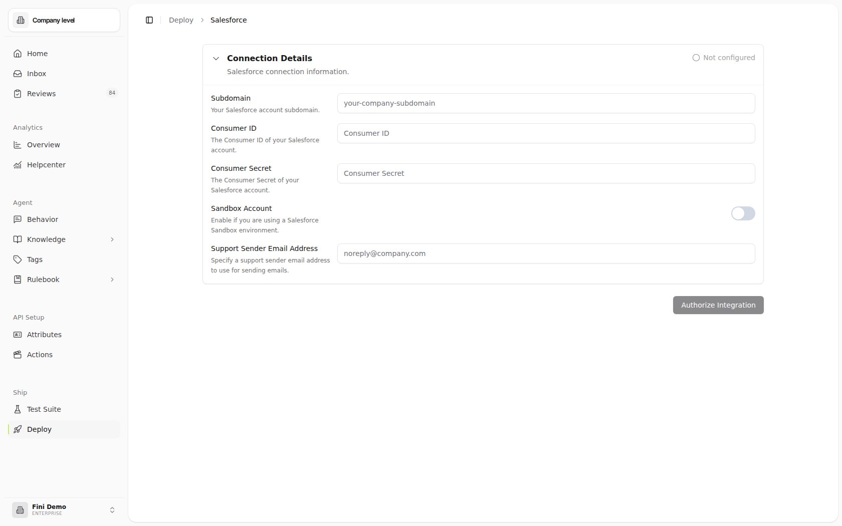 Salesforce deploy page before connecting, showing the credential form