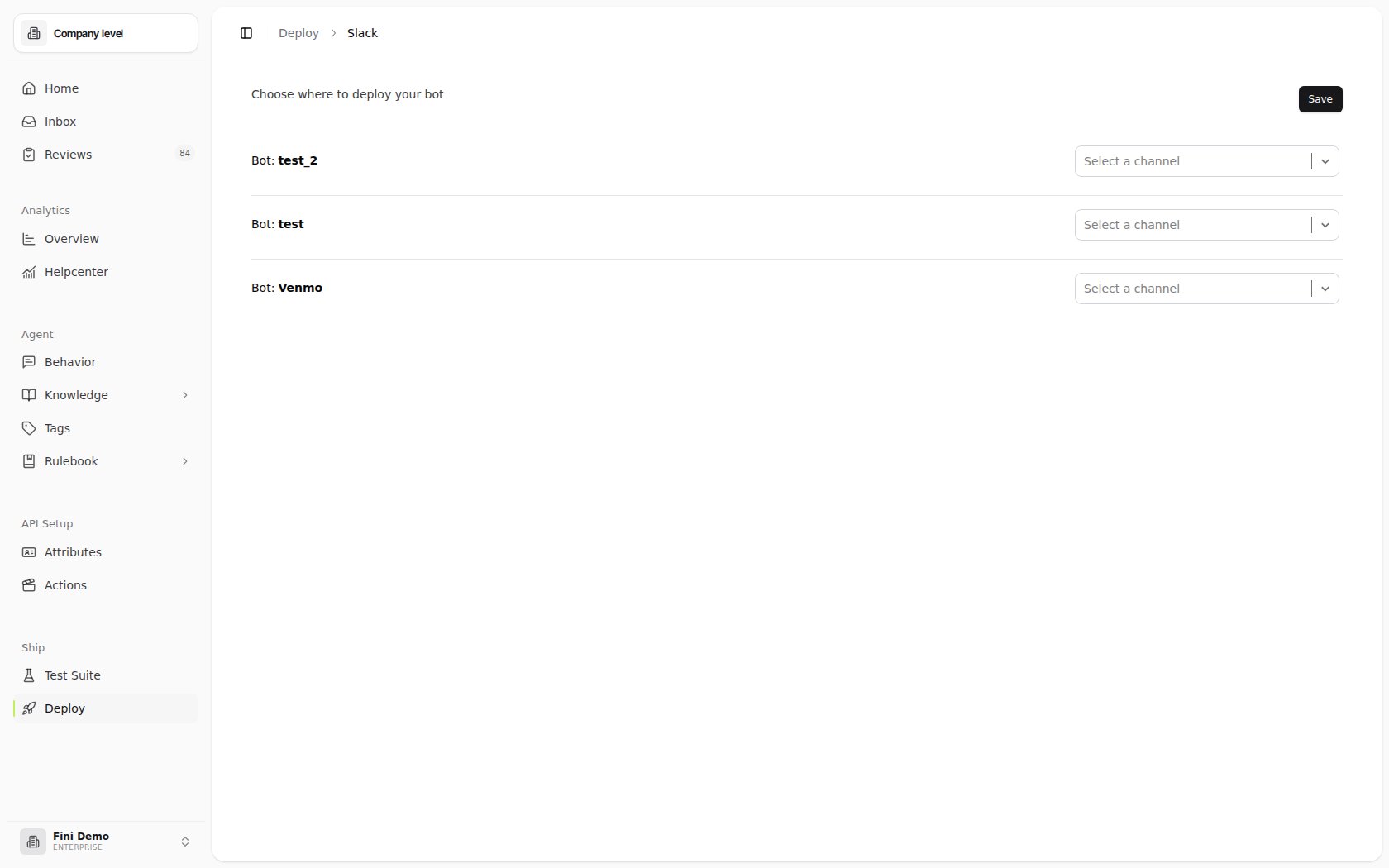 Slack deploy page after connecting, showing the channel mapping UI