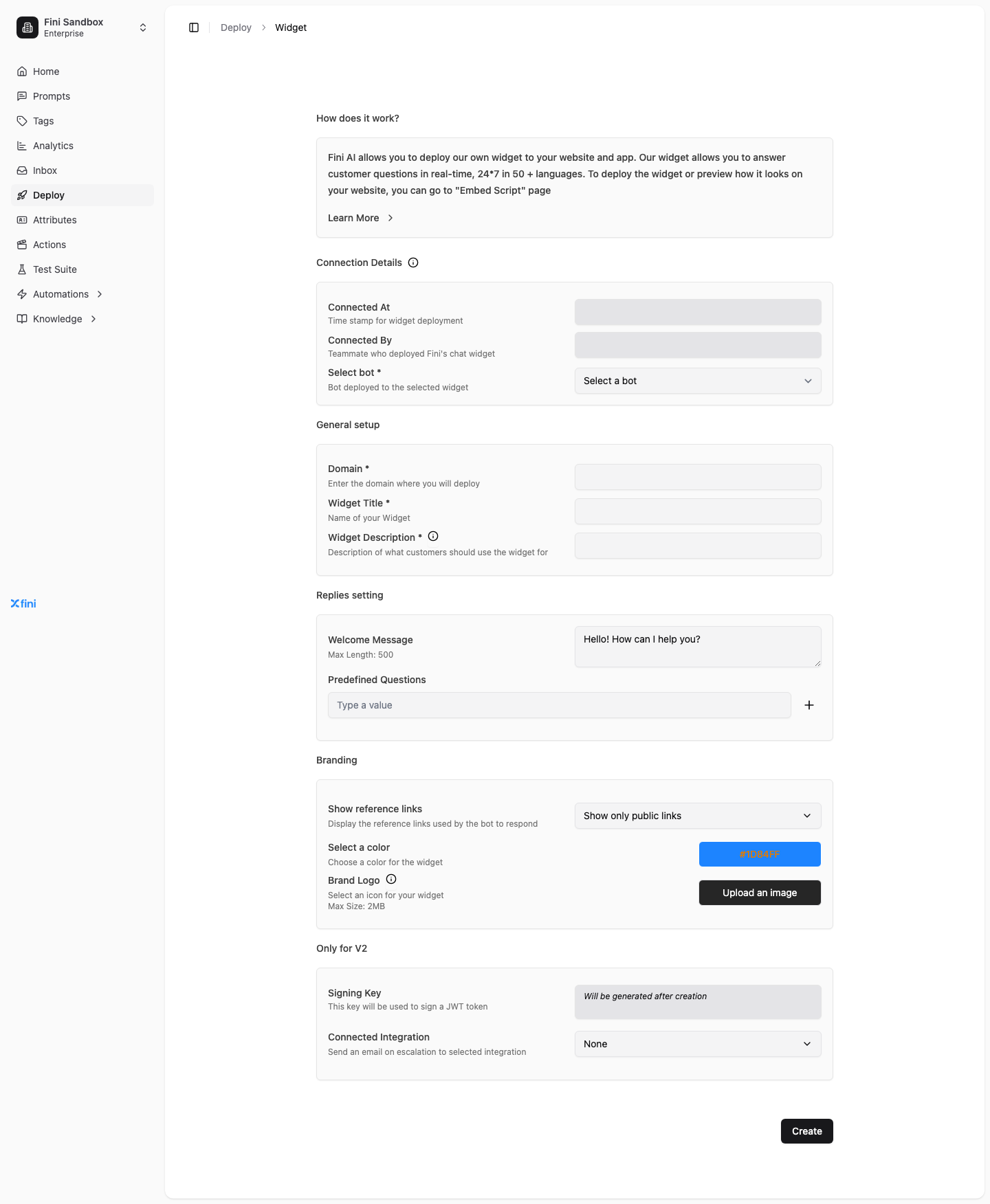 Widget deploy page in creation mode, showing the empty form