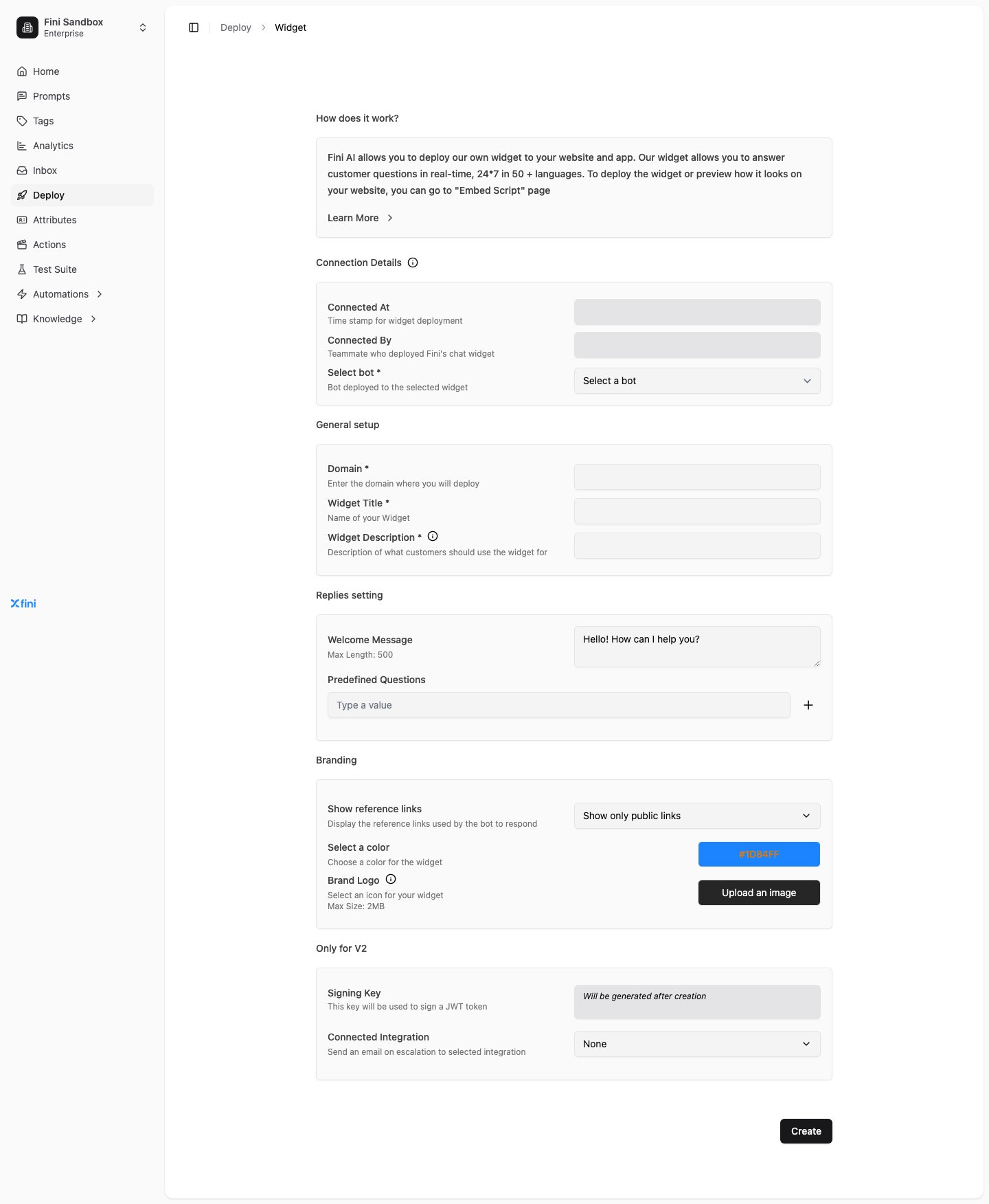Widget deploy page in creation mode, showing the empty form