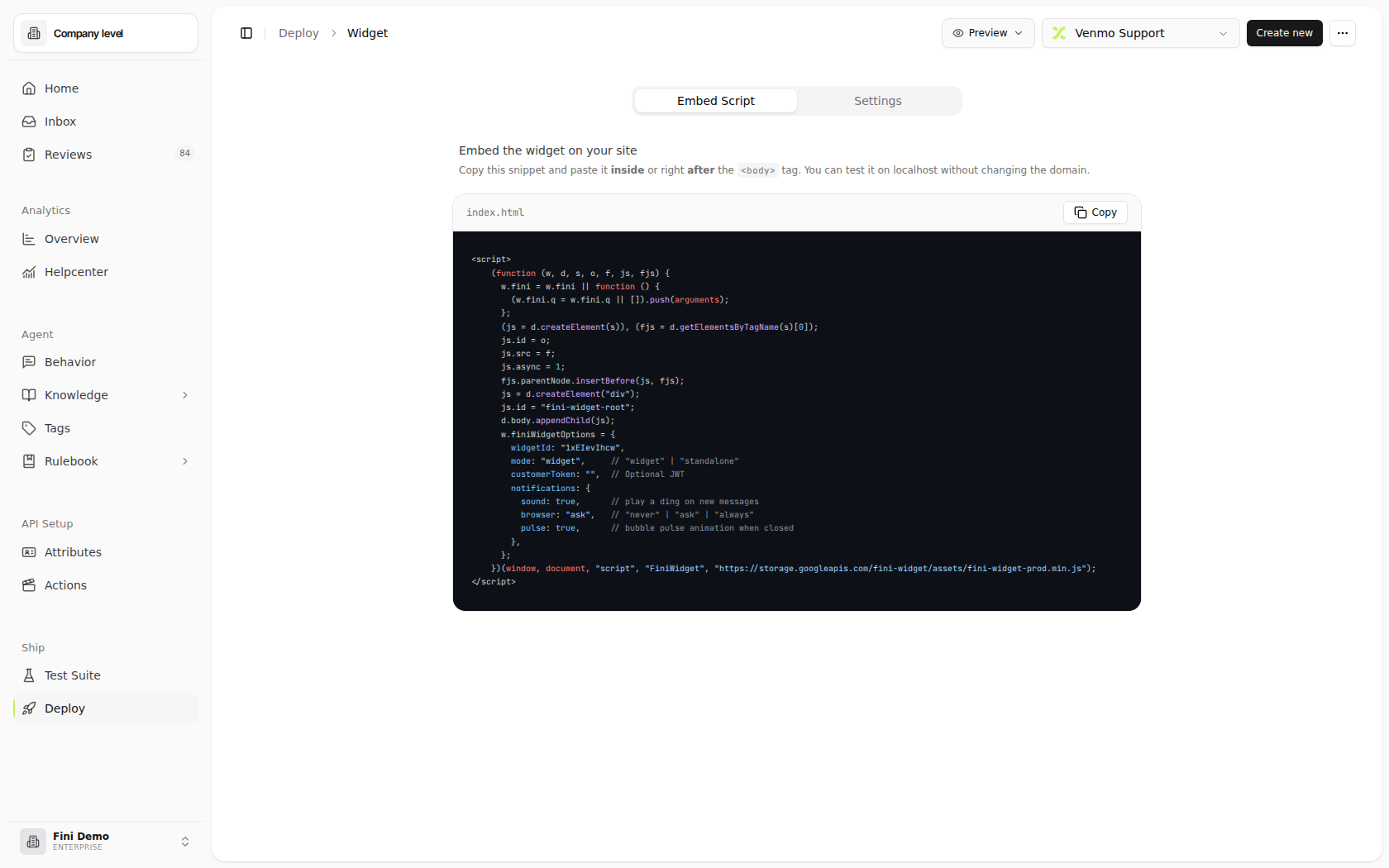 The Widget page on the Embed Script tab, showing the script snippet inside a dark code panel with the widget id field masked. The page header explains where to paste the snippet, with notes that it must go inside or after the body tag and that localhost works for testing without changing the domain. A Copy button sits below the snippet, with Preview and Delete actions in the top-right of the page.