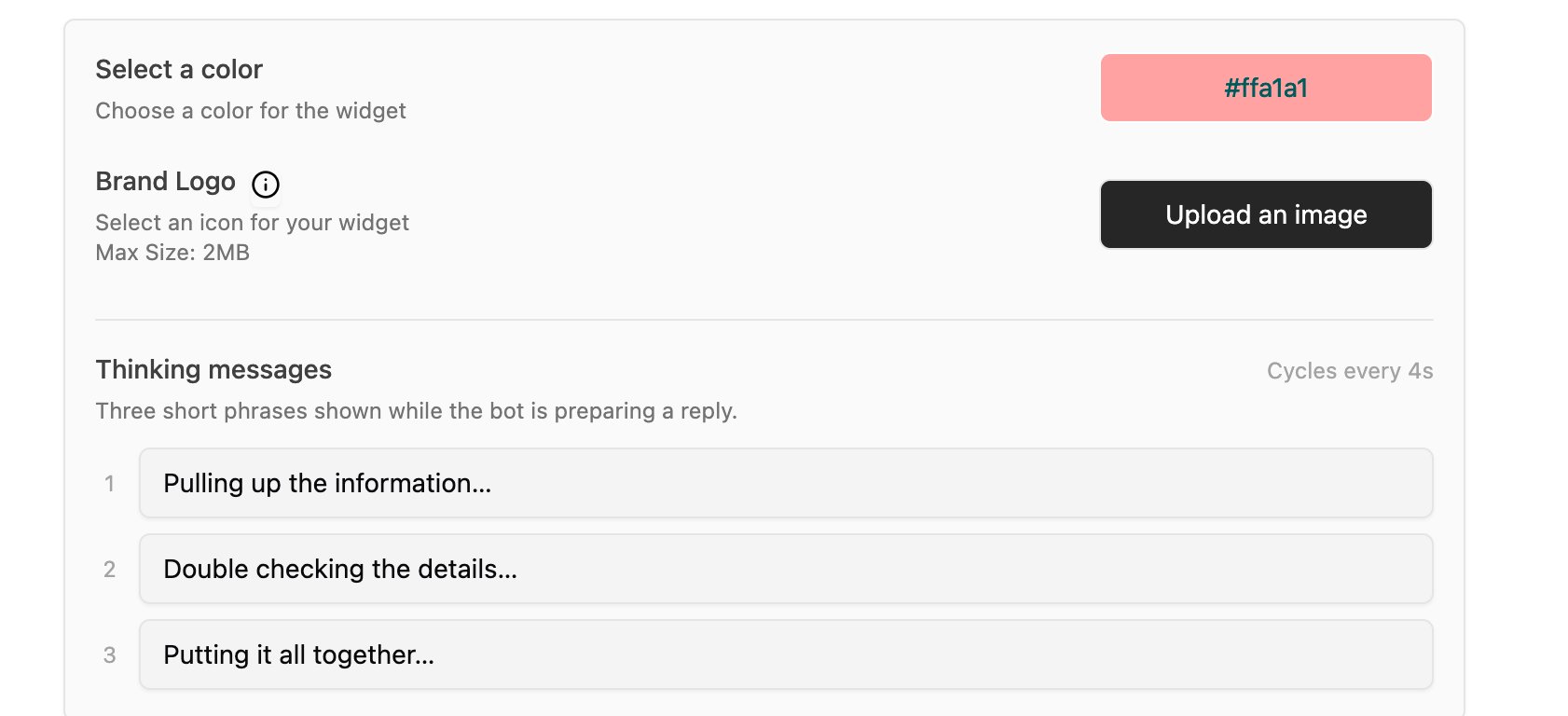 The Branding section of widget settings with controls for the widget's brand color, brand logo, pre-defined questions, and thinking messages.