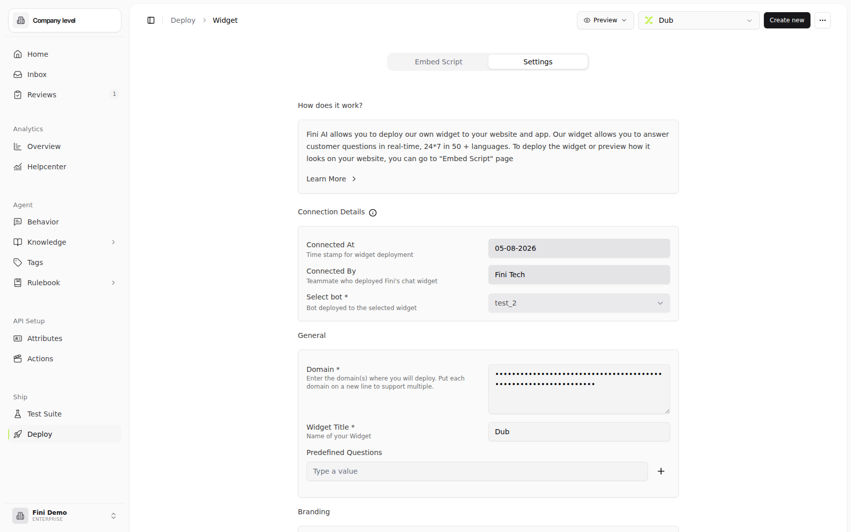 Widget Settings page in the Fini Demo workspace showing the Settings tab, Preview menu, Venmo Support widget selector, Connection Details, General setup, Branding, Advanced, Signing Key, Connected Integration, Track current page URL, Collect visitor email, and Save button