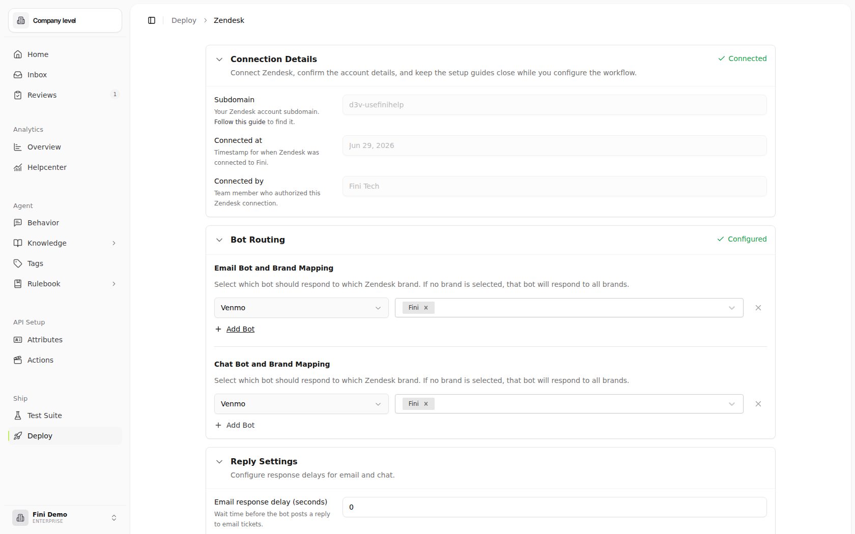 Zendesk deploy page in the Fini Demo workspace after connecting, showing Connection Details, Email Bot and Brand Mapping, Chat Bot and Brand Mapping, Reply Settings, Fini tags to Zendesk tags, Configure Reply Behavior, and Save Changes