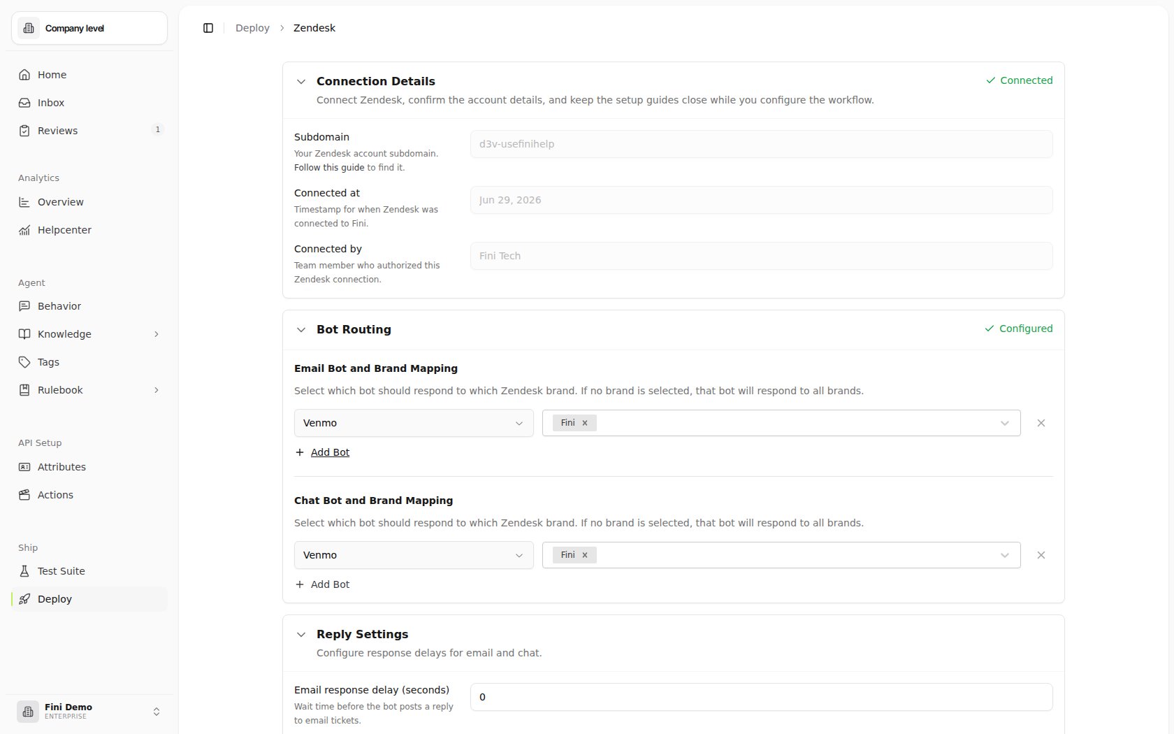 Zendesk deploy page in the Fini Demo workspace after connecting, showing Connection Details, Email Bot and Brand Mapping, Chat Bot and Brand Mapping, Reply Settings, Fini tags to Zendesk tags, Configure Reply Behavior, and Save Changes