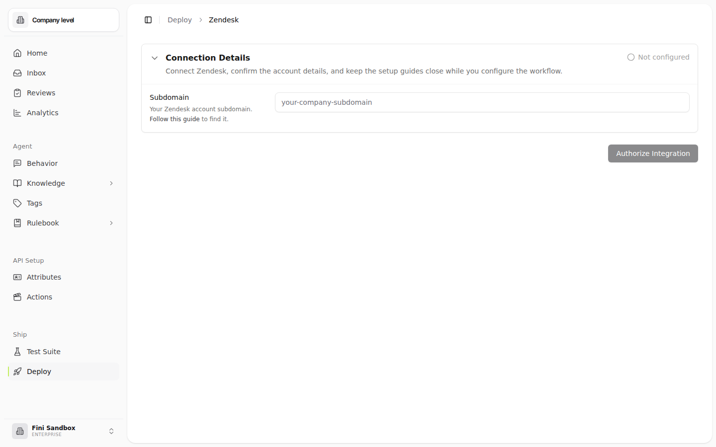 Zendesk deploy page before connecting