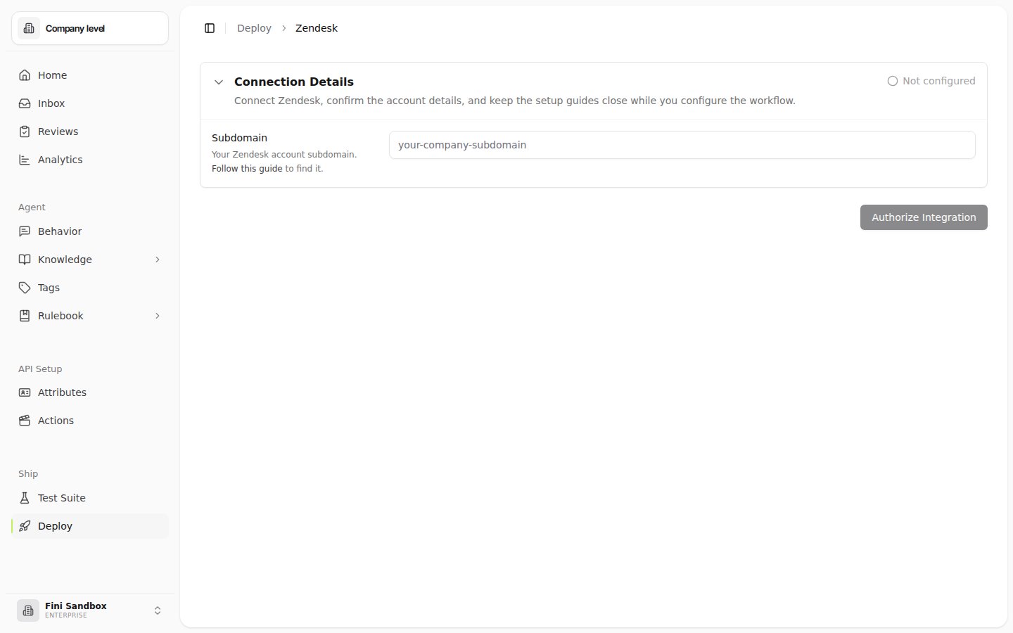 Zendesk deploy page before connecting