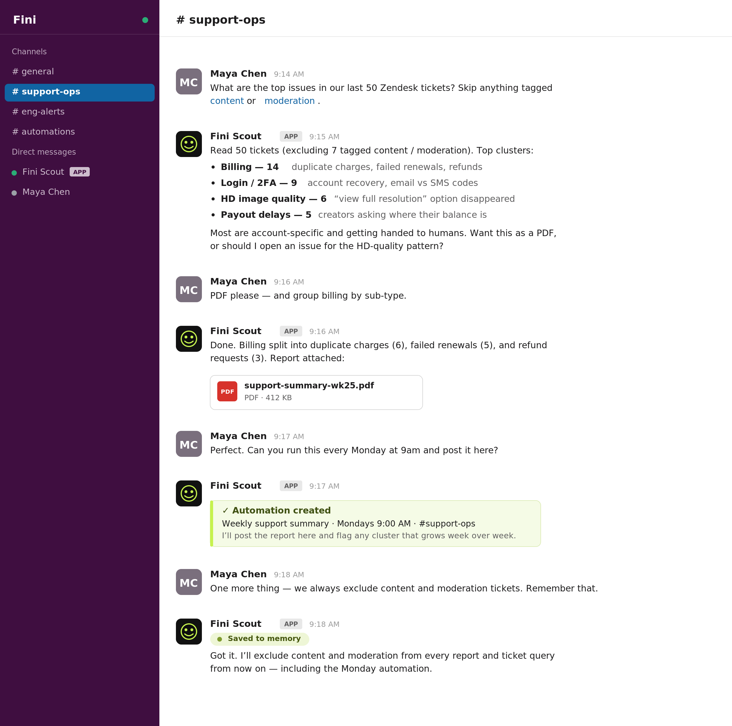 Fini Scout responding to a support manager in a Slack channel with a summary of recent Zendesk tickets