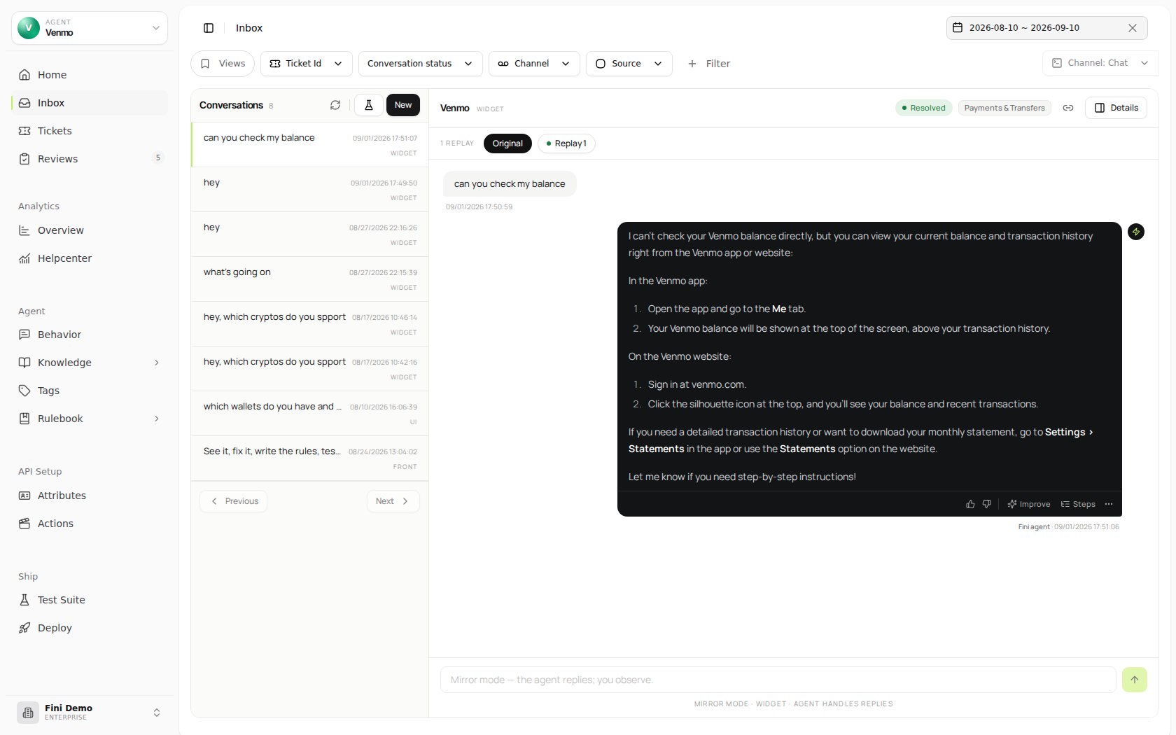 Inbox page filtered to a single agent, showing the Ticket Id, Conversation status, Channel, Source, and date range filters, plus an empty conversation list state