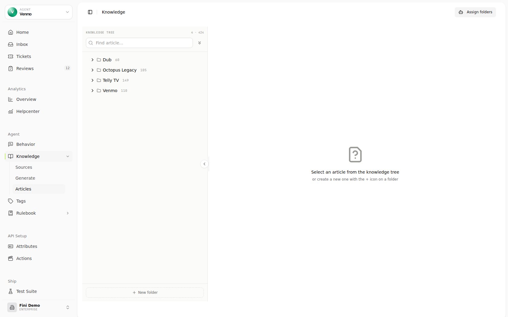 Knowledge page showing the selected agent, Assign folders button, Venmo folder tree, and empty article pane