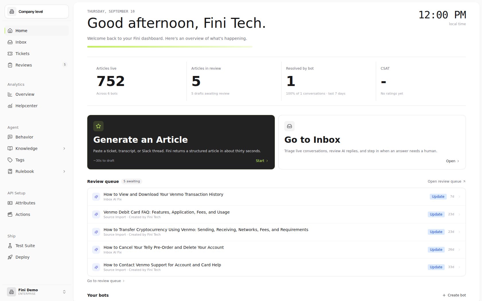 Home page in the Fini Demo workspace showing workspace metrics, Generate an Article and Go to Inbox shortcuts, review queue drafts, and Your bots cards for test and Venmo.
