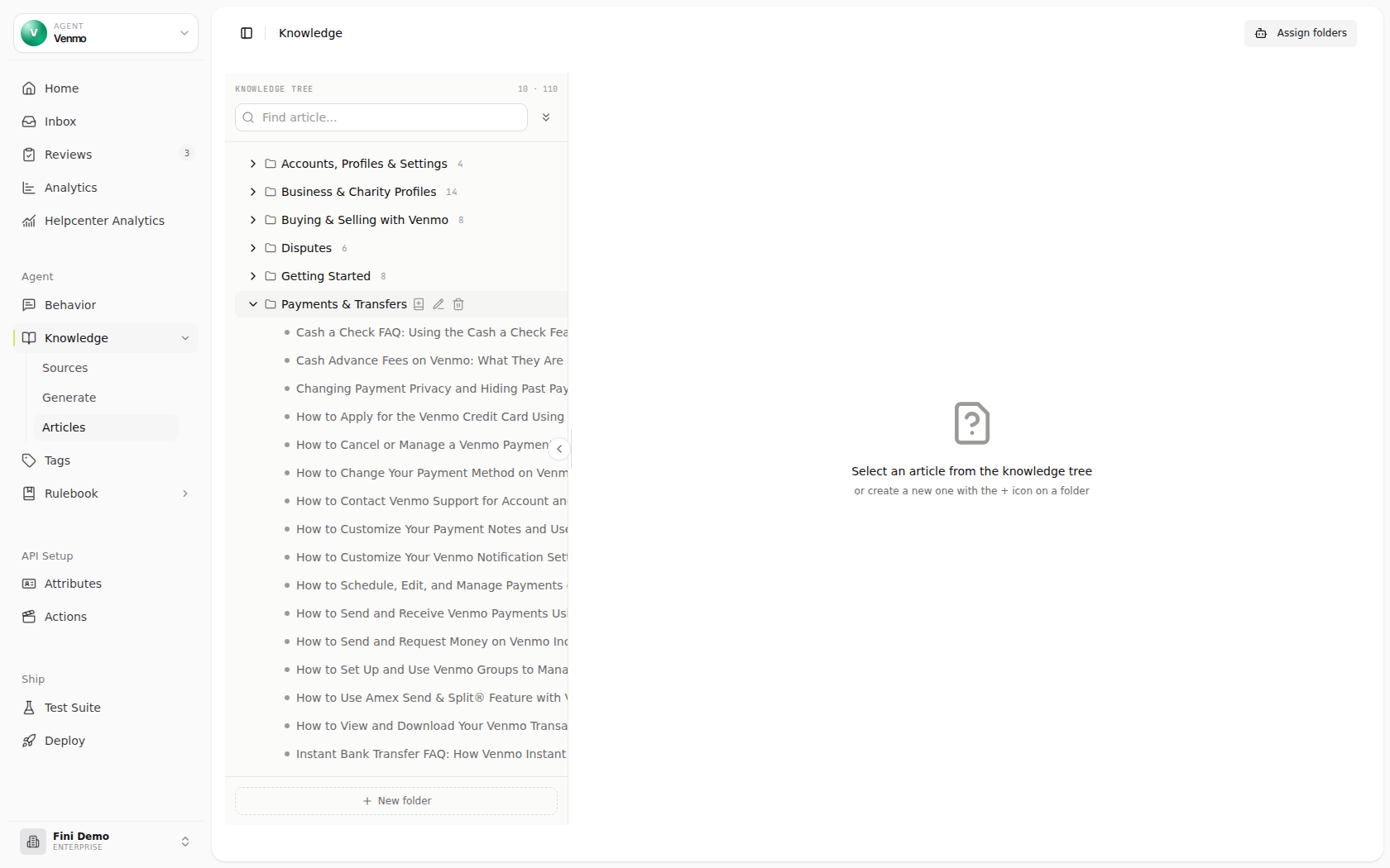 Edit Folder modal with Title, Description, agent selector, Attribute Filters, and Active / Public in helpcenter toggles