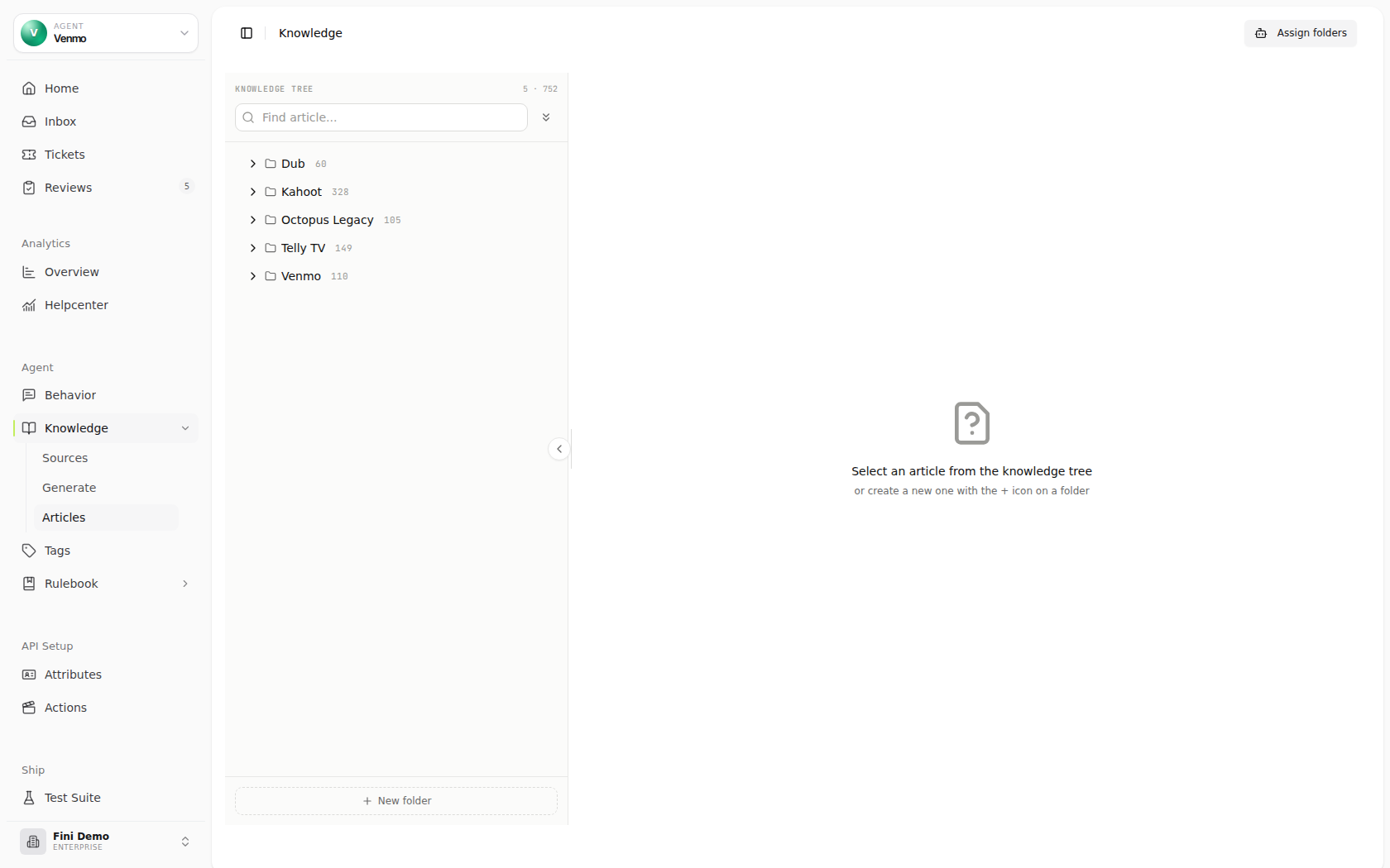 Articles page in the Fini Demo workspace with the agent selector, a knowledge tree of Venmo folders on the left, the Assign folders button, and an empty editor pane prompting the user to select an article