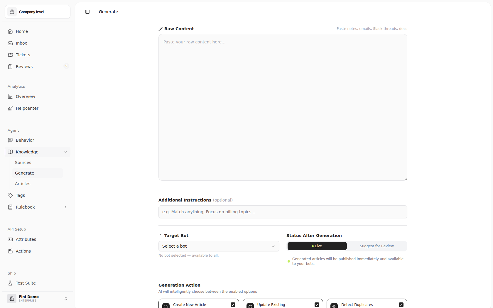 Generate page in the Fini Demo workspace with the Raw Content textarea, Additional Instructions field, Target Bot selector, Live and Suggest for Review status toggle, three enabled Generation Action tiles, and the Generate Magic Article button