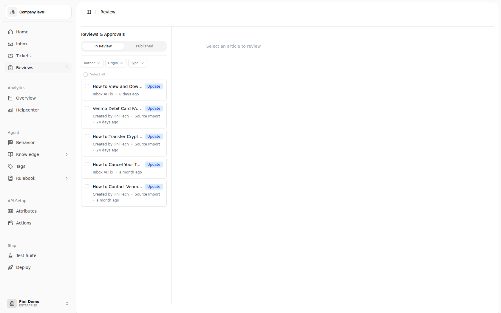Review page in the Fini Demo workspace showing the Reviews and Approvals queue, In Review and Published tabs, Author, Origin, and Type filters, and an empty editor pane prompting the user to select an article to review