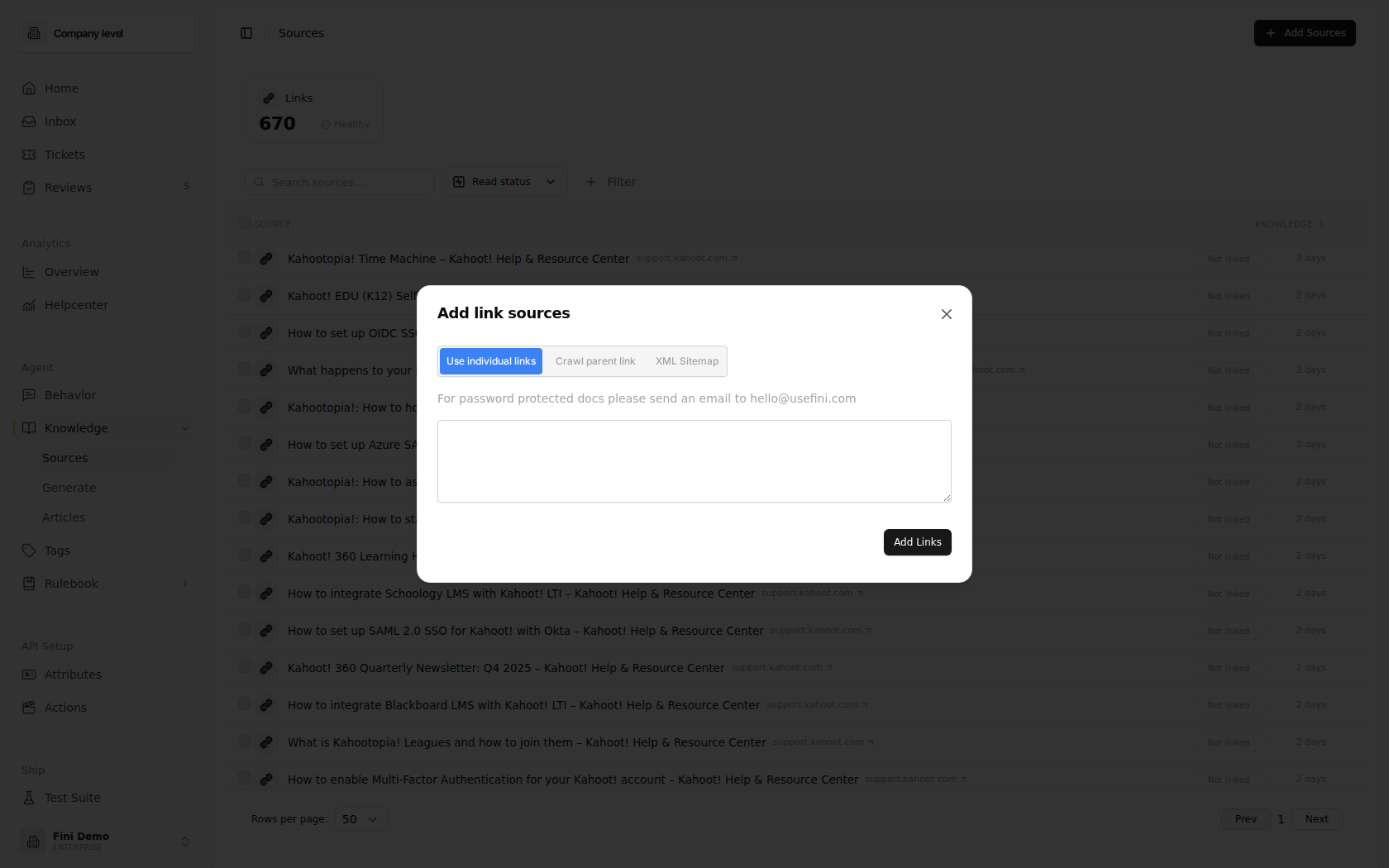 Add link sources dialog with three mode buttons: Use individual links, Crawl parent link, XML Sitemap