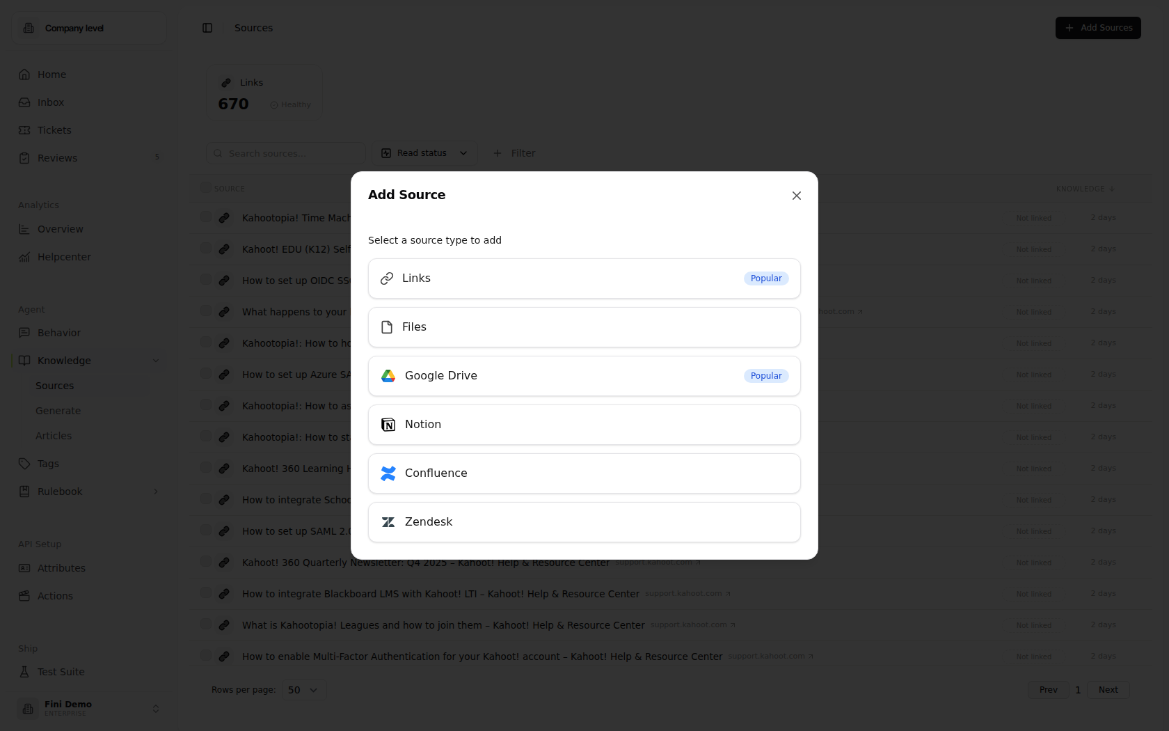 Add Source dialog with tiles for Links, Files, Google Drive, Notion, Confluence, Zendesk